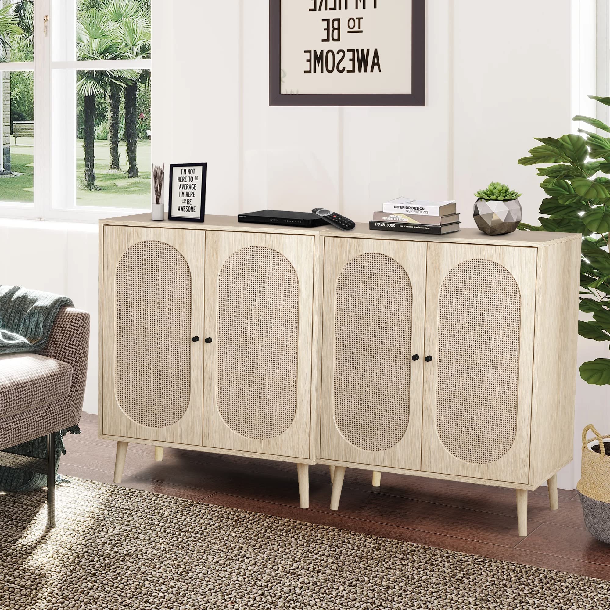QHITTY Natural Rattan Sideboard Buffet Cabinet with Adjustable Shelves - Stylish Kitchen Storage & Accent Console Table for Living Room, Dining Room, Bedroom, and Entryway