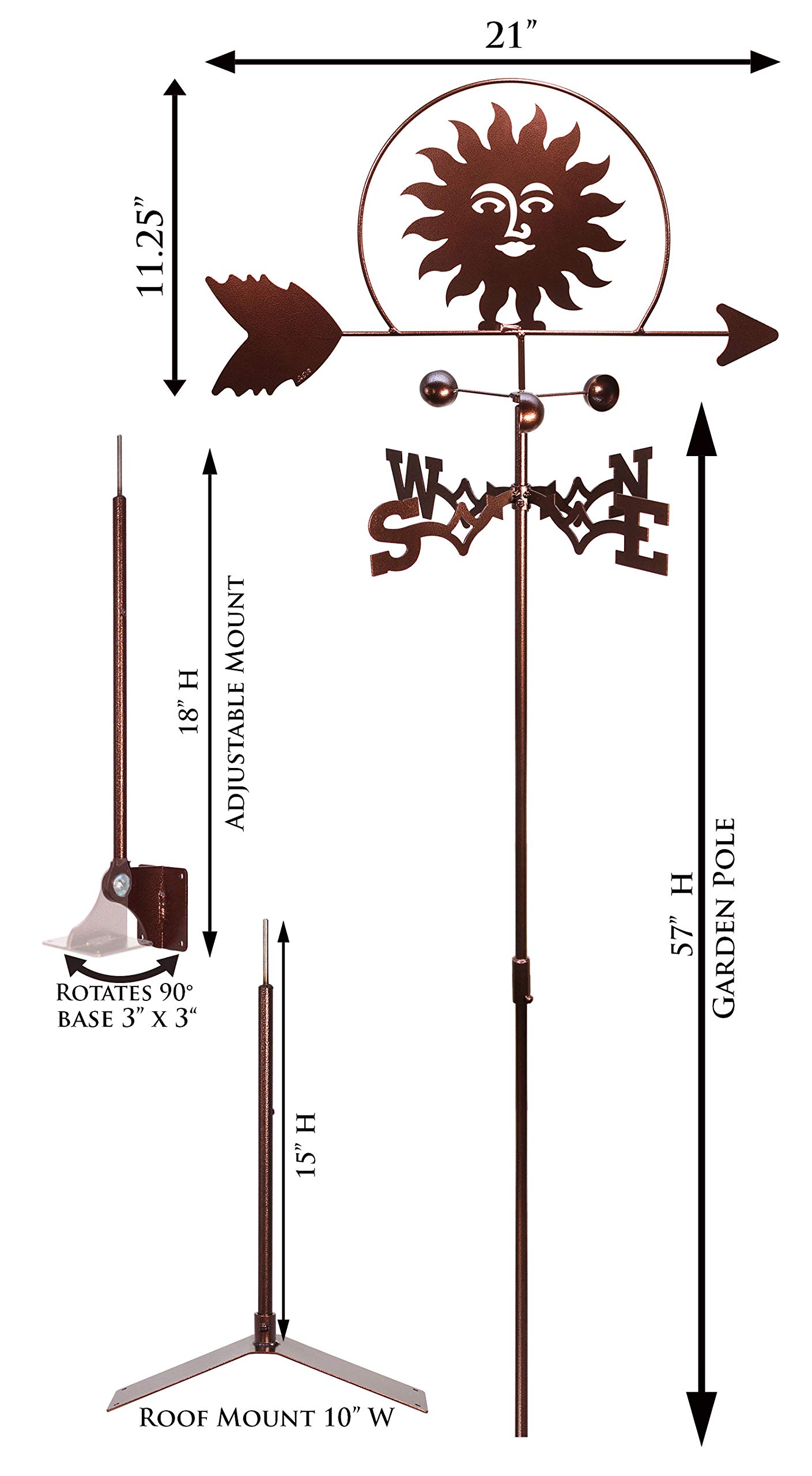 SWEN Products Southwest Sun Weathervane with Garden Stake - Rustic Outdoor Decor for Yard, Garden, or Patio - Perfect for Western & Farmhouse Style Homes