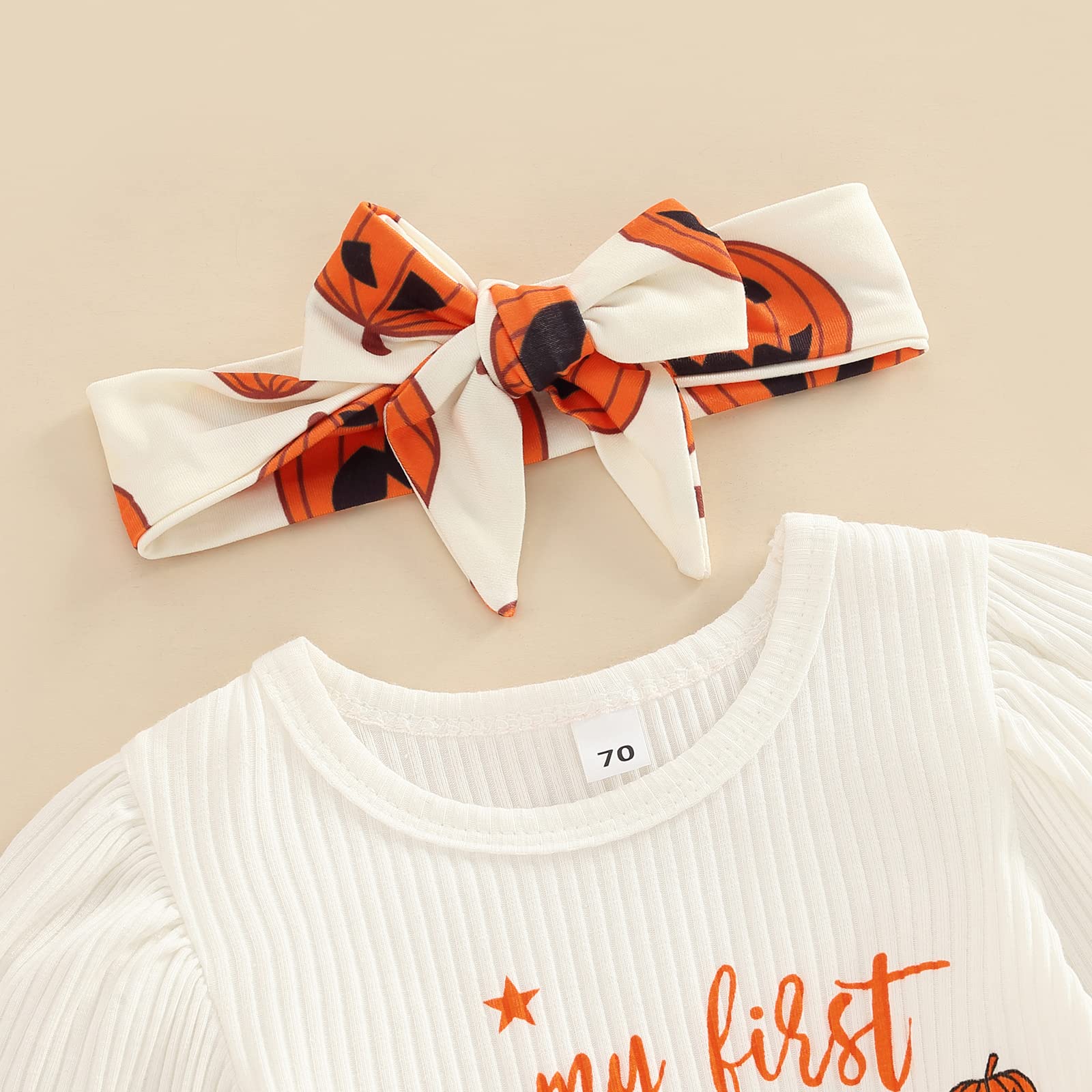 Adorable Halloween Baby Girl Outfit - Puff Sleeve Romper with Pumpkin Print & Bell Bottoms + Matching Headband | Newborn Halloween Costume Set for Photo Shoots & Trick-or-Treating