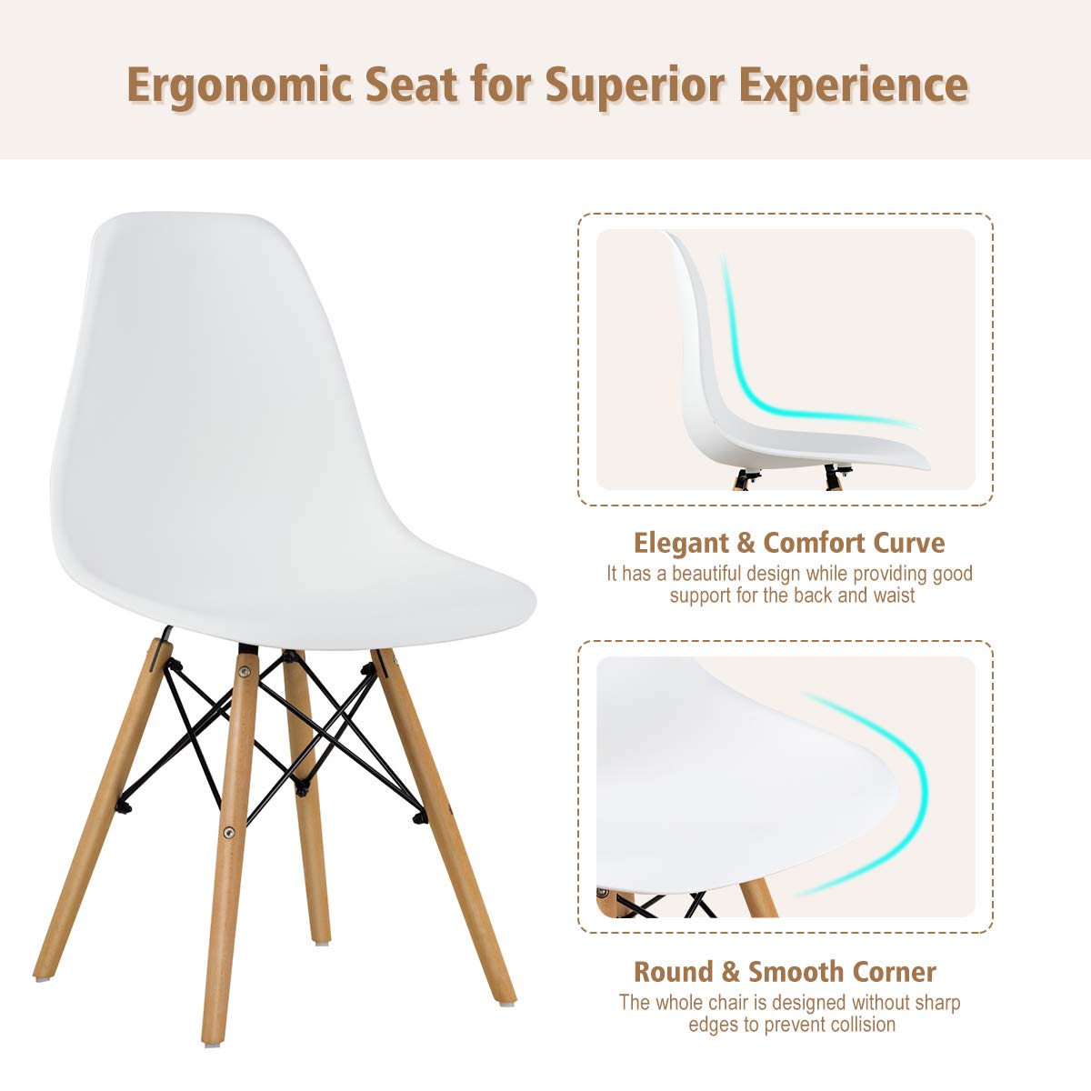 GOFLAME DSW Dining Chairs Set of 4 - Modern Plastic Shell Chairs with Wooden Legs, Armless Eiffel Style Side Chairs with Ergonomic Backrest - Perfect for Kitchen, Dining Room, Living Room & Bedroom - White