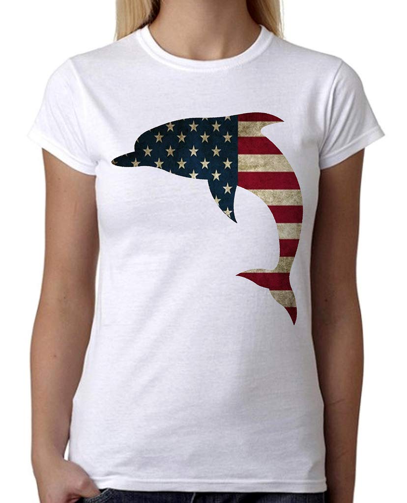 Junior's USA Flag Dolphin B1366 White T-Shirt | Patriotic Graphic Tee for Women | Casual Wear, Beach Outfits & Summer Fashion