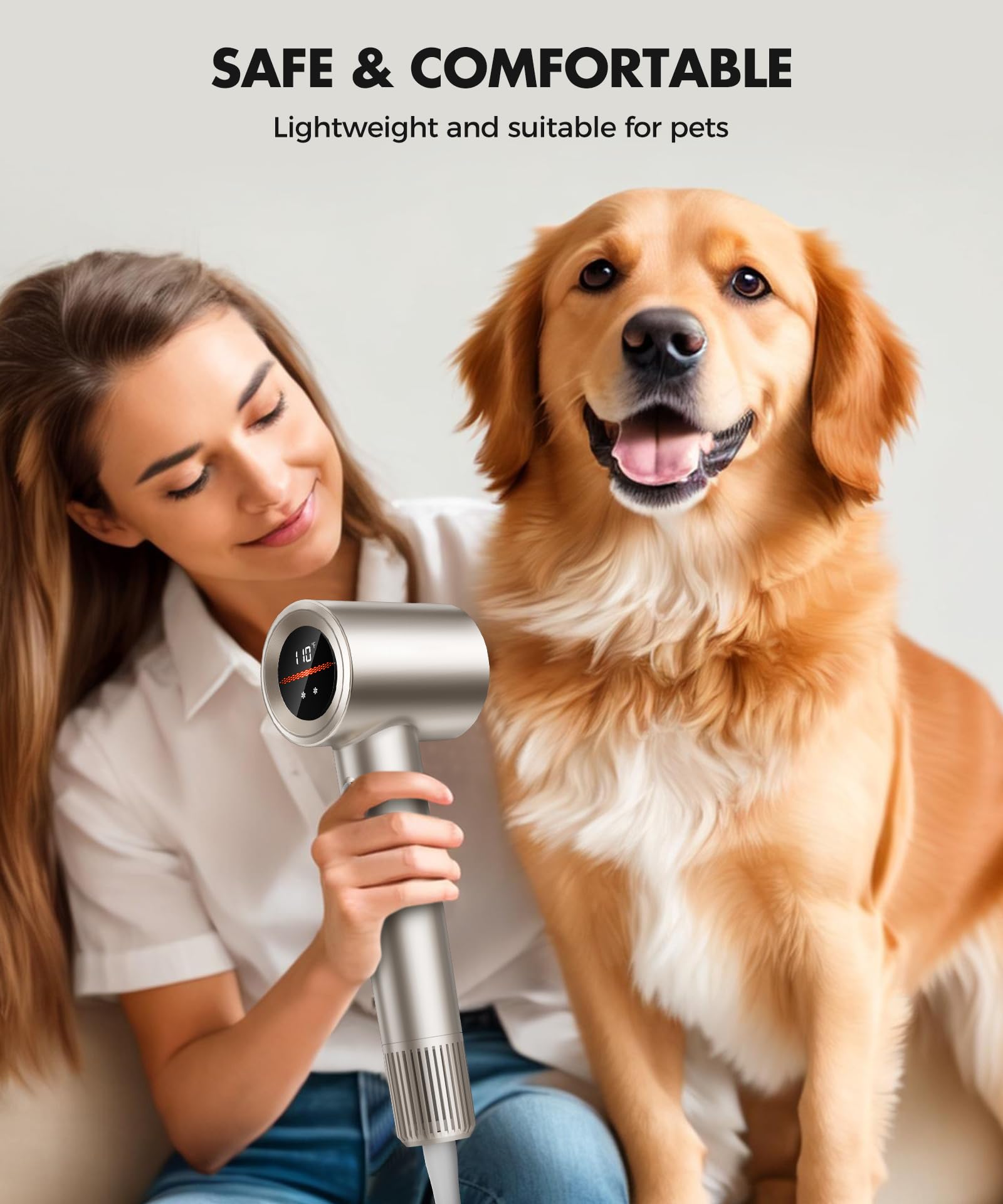Professional 150,000RPM High-Speed Hair Dryer with HD Display - 5 Temperature Settings & 2 Speed Options, 500 Million Negative Ions for Frizz-Free Hair - Ultra Quiet Blow Dryer with Diffuser & Concentrator Nozzle (Gold) - Perfect for Home Use, Salon Styling, and Travel