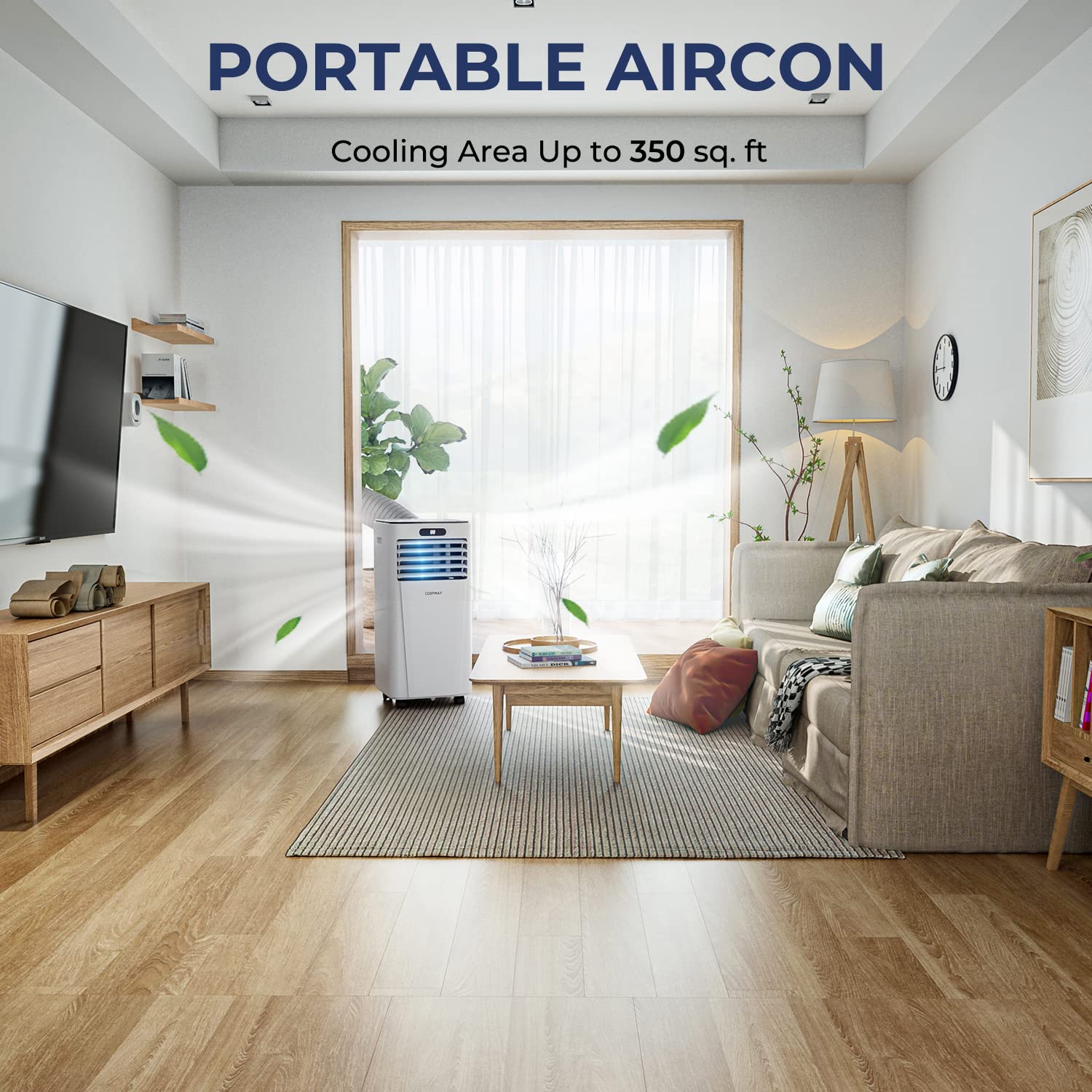COSTWAY 10000BTU Portable Air Conditioner with Dehumidifier, 3-in-1 Cooling Fan & Sleep Mode, 2 Speed Settings, 24H Timer & Remote Control - Cools Rooms Up to 350 Sq.Ft (Window Kit Included, White) - Perfect for Bedrooms, Living Rooms & Home Offices