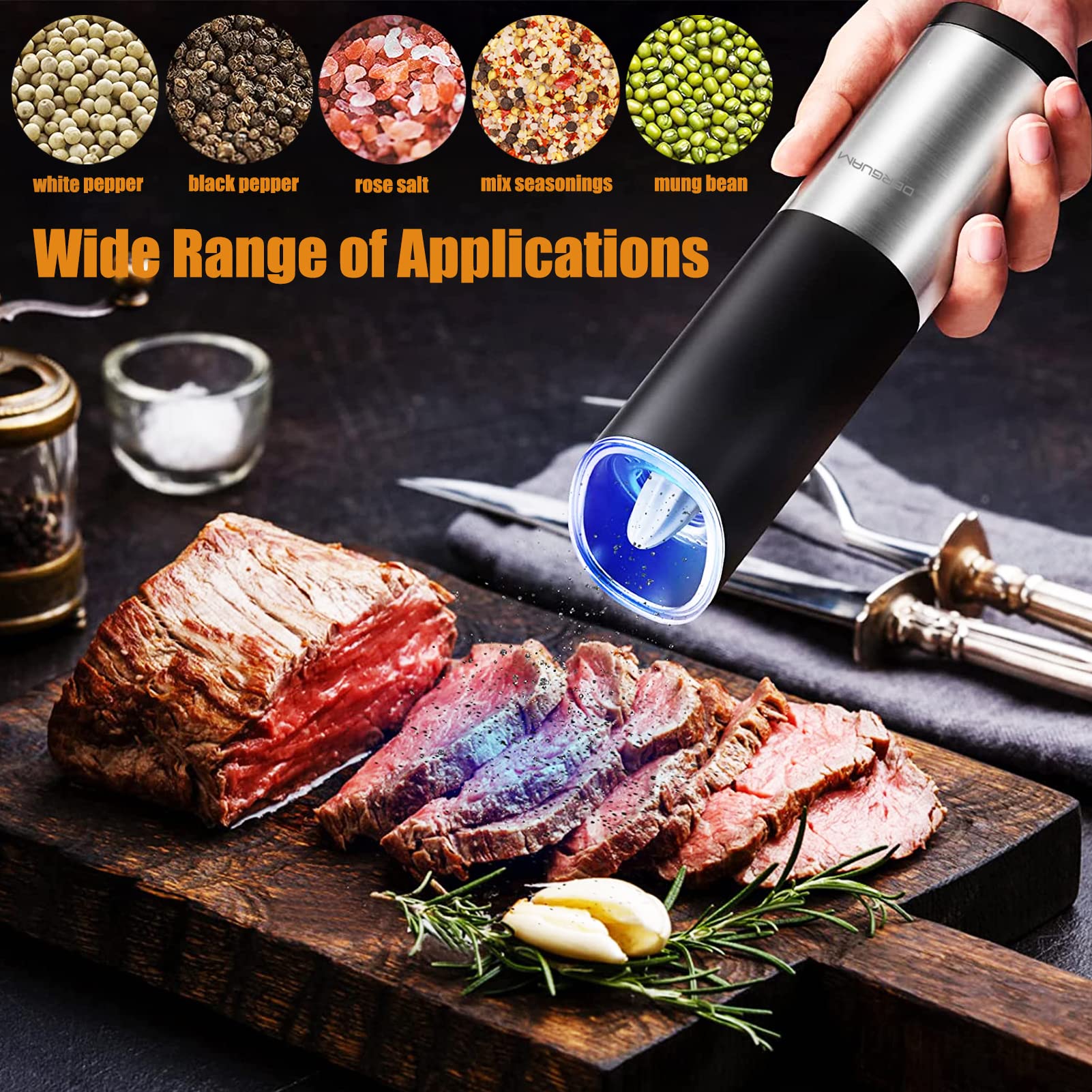 Premium Gravity Electric Salt and Pepper Grinder Set - Stainless Steel Automatic Mill with Adjustable Coarseness & LED Blue Light - Battery Powered for Kitchen, Dining Table & Outdoor BBQ