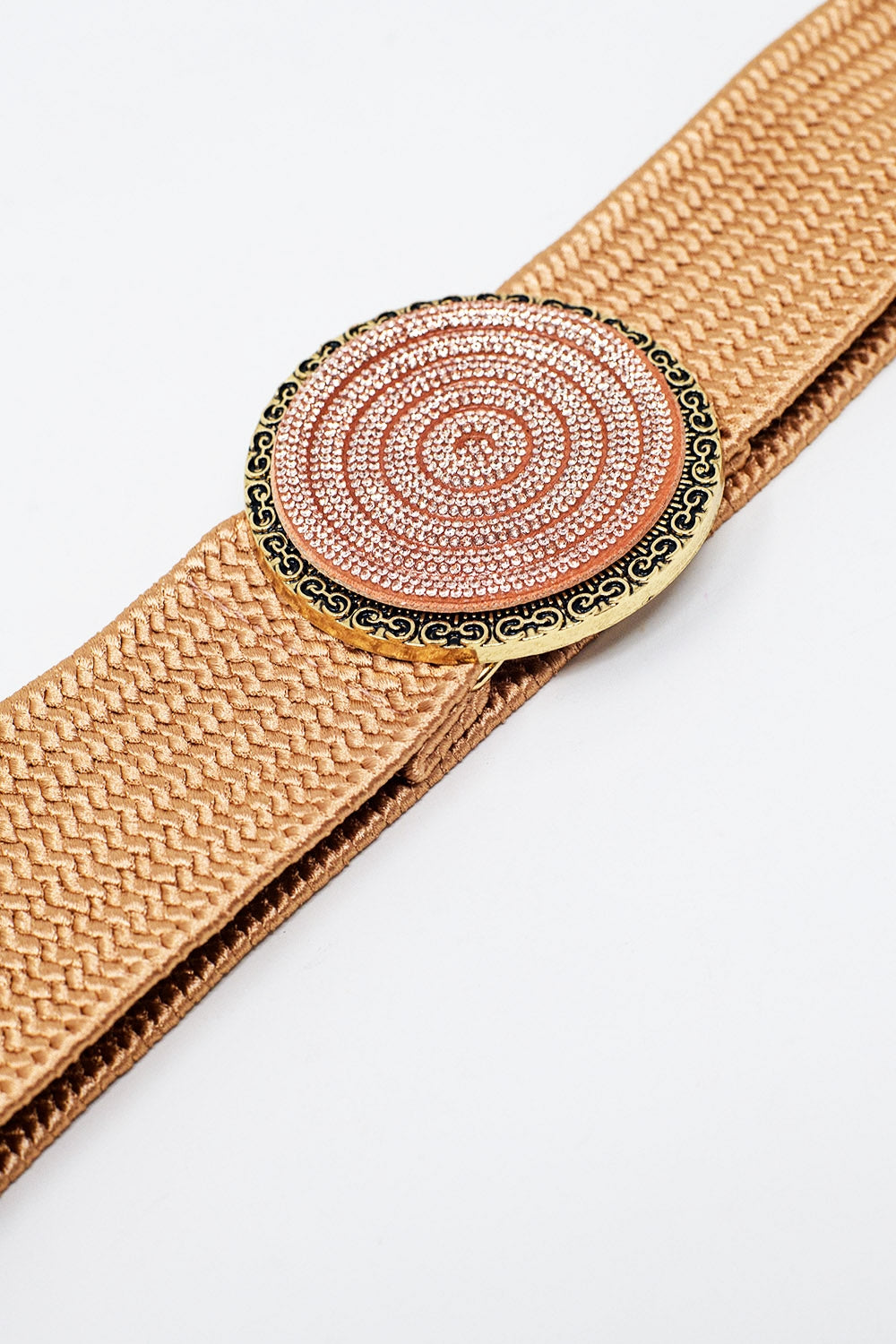 Sparkling Rose Pink Woven Belt with Round Rhinestone Buckle - Elegant Waist Accessory for Dresses, Jeans & Formal Outfits