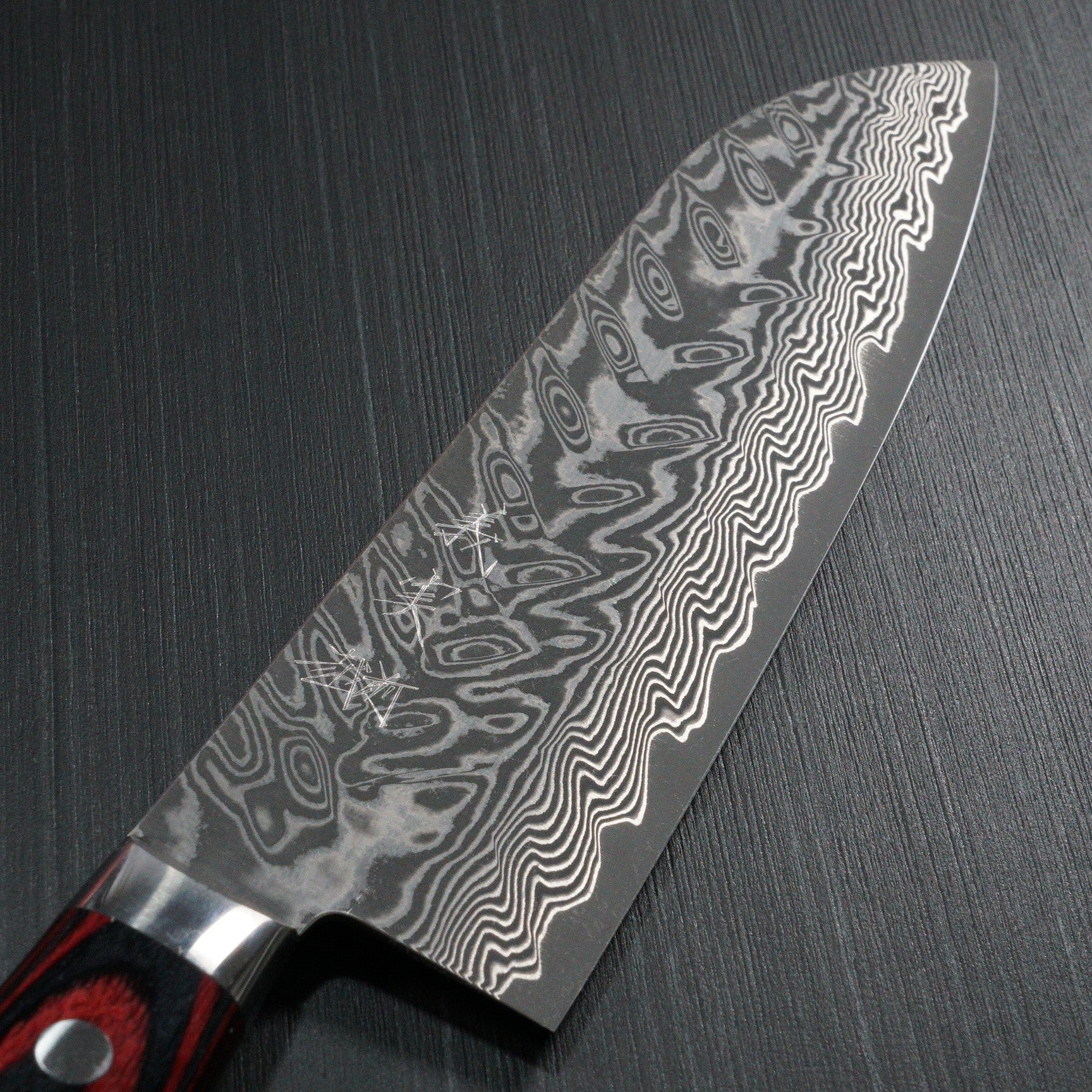 Premium Japanese Yoshimi Kato SG2 Super Gold 2 Damascus Santoku Knife - V-Shaped Black Blade with Red Handle - Perfect for Slicing, Dicing & Chopping Vegetables, Meat & Fish