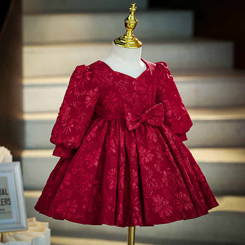 Burgundy Lace A-Line Flower Girl Dress with V-Neck & Lantern Sleeves - Perfect for Weddings, Baptisms & Special Occasions