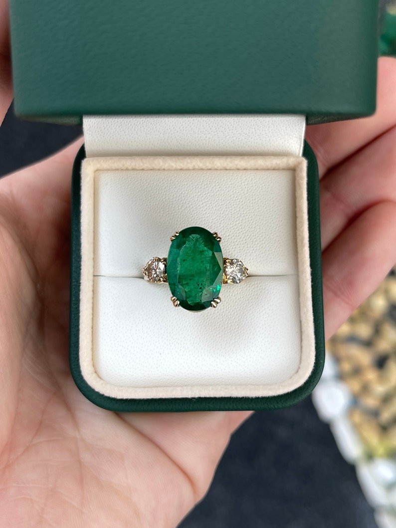 8.39tcw 14K Gold Dark Green Oval Emerald & Round Diamond Three Stone Double Prong Engagement Ring for Women - Perfect for Proposals, Anniversaries & Wedding Bands