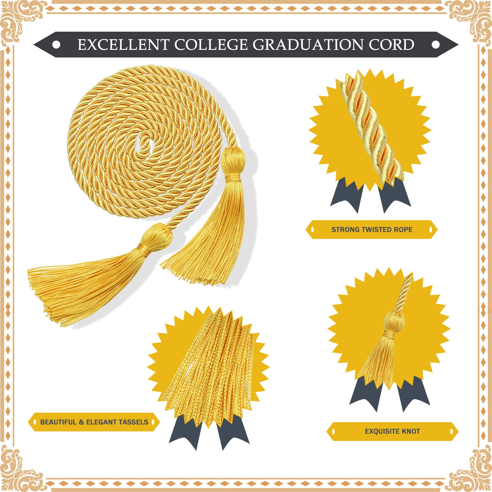 100 Pack Gold Graduation Honor Cords 67 Inch - Bulk Braided Tassels for High School & College Graduation Ceremony, Party Favors, Gifts & Photo Accessories - Perfect for Commencement, Yearbook Pictures & Academic Celebrations