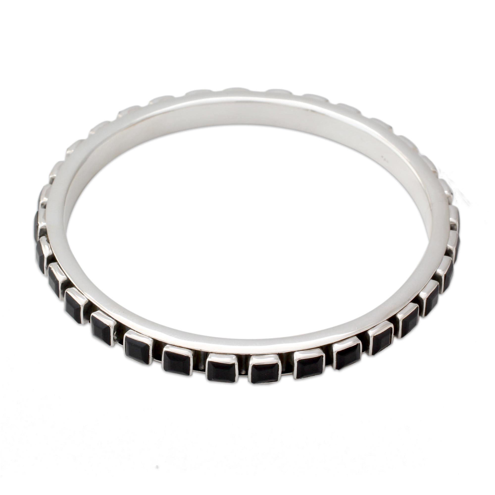 Handmade .925 Sterling Silver Onyx Bangle Bracelet Set - Black Onyx Birthstone Jewelry for Women [7.25