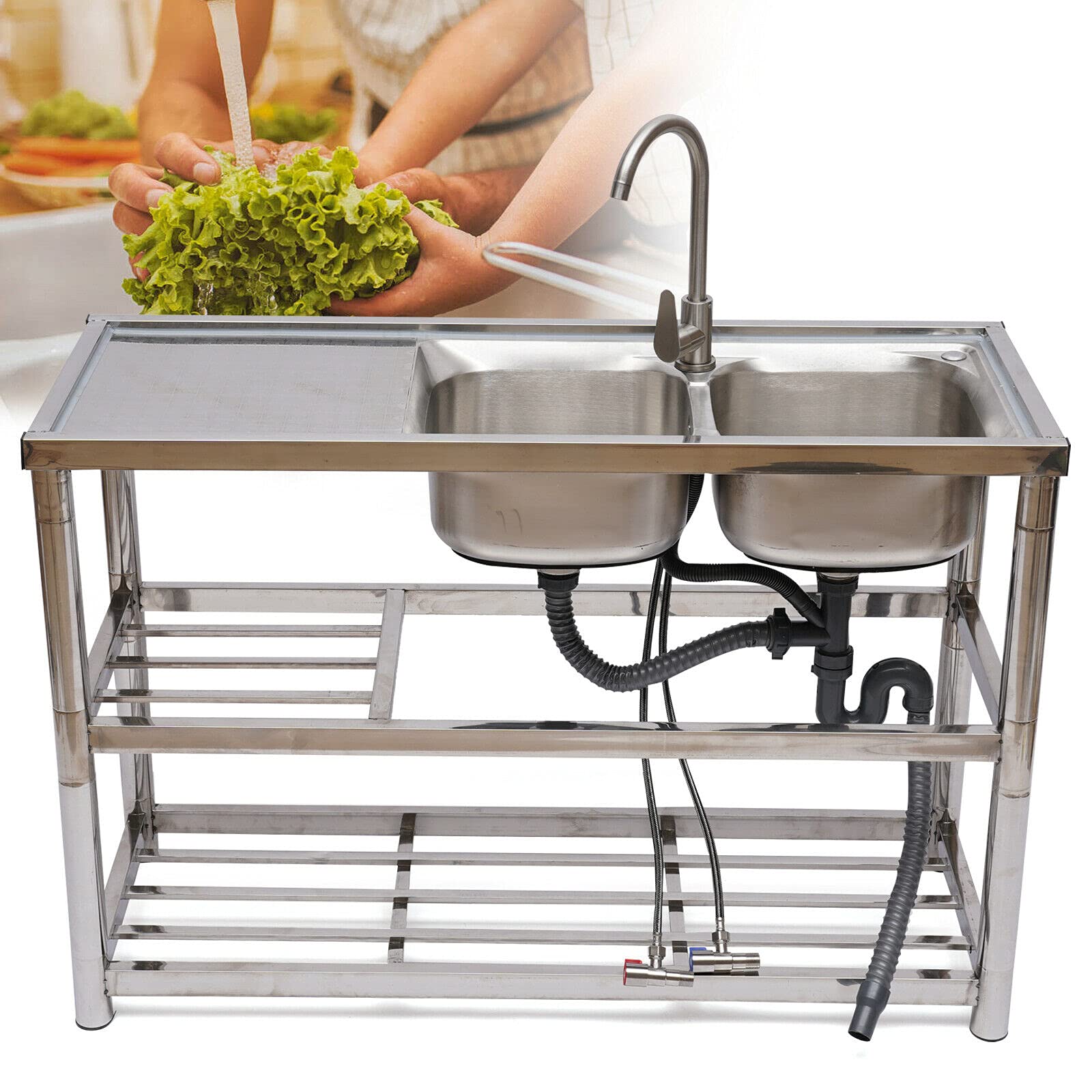 Stainless Steel 2-Compartment Commercial Kitchen Sink Set with Faucet, Drainboard & Storage Shelves | Heavy-Duty Prep & Utility Sink for Restaurant, Bakery & Food Service | Hand Washing Basin with Workbench & Double Shelves for Efficient Kitchen Workflow
