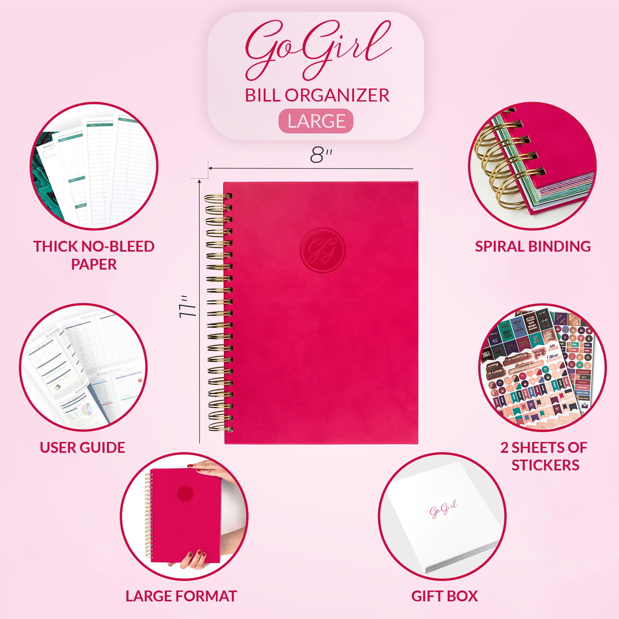 GoGirl Budget Planner - Monthly Bill Organizer with Pockets for Finance Tracking (Hot Pink)