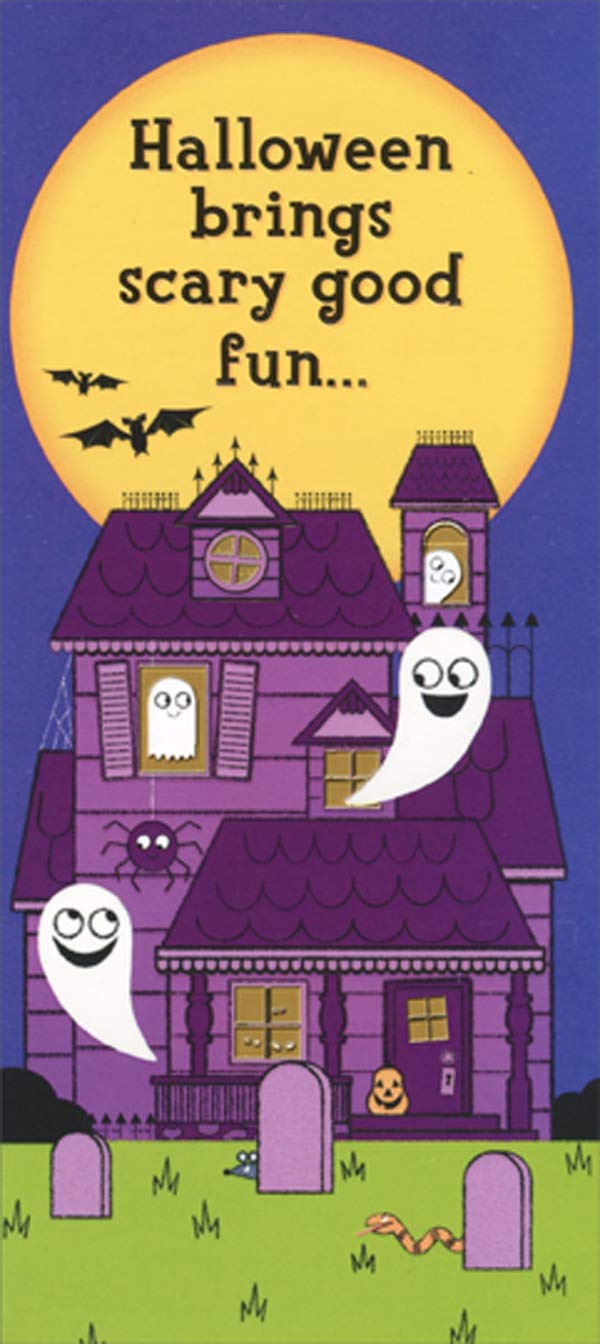 Scary Fun Halloween Money Holder for Kids - Purple House & Smiling Ghosts Design | Halloween Gift Card Holder | Perfect for Trick-or-Treating & Halloween Parties