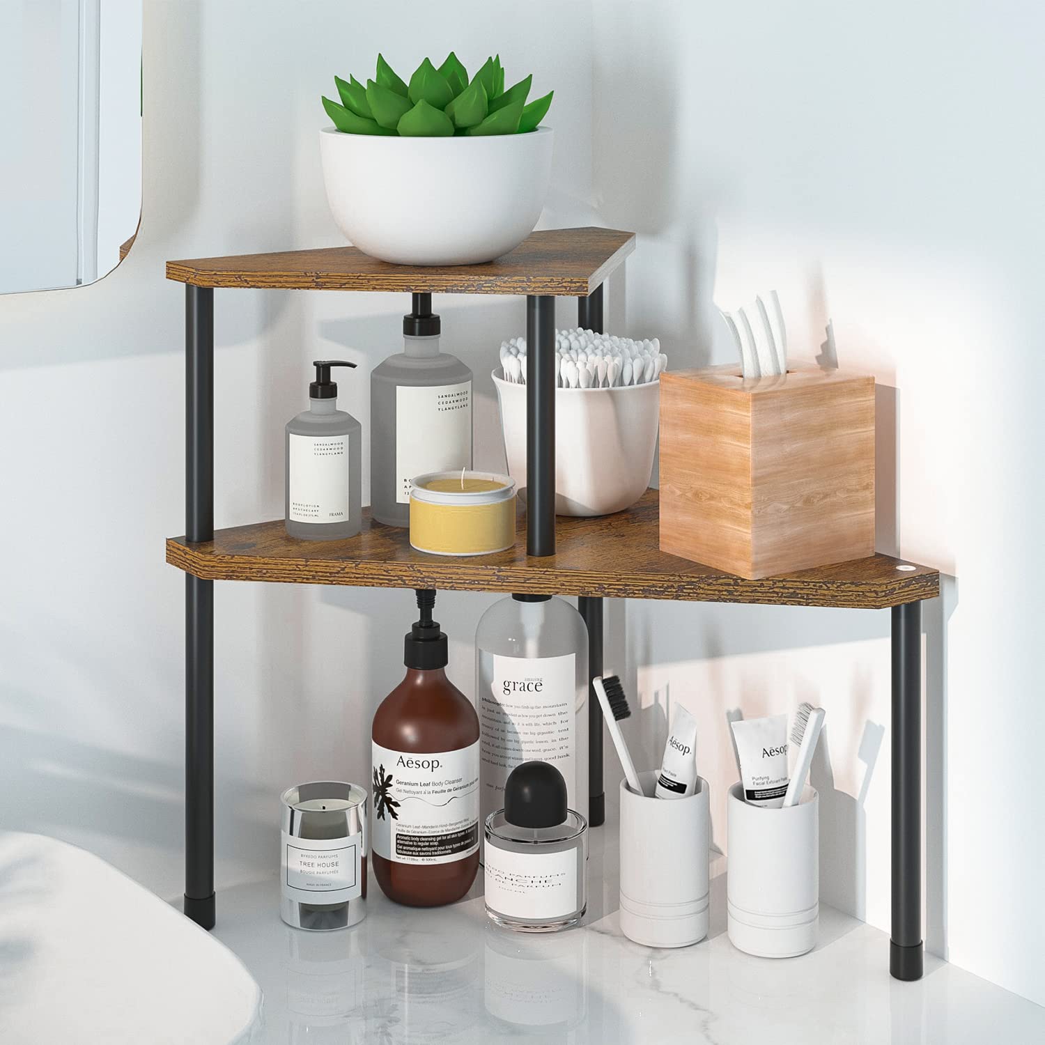 2-Tier Rust Brown Kitchen Countertop Organizer - Spice Rack for Salt & Coffee Storage, Bathroom Sink Organizer for Toiletries & Makeup - Perfect for Small Spaces, Counter Corners & Dresser Tables