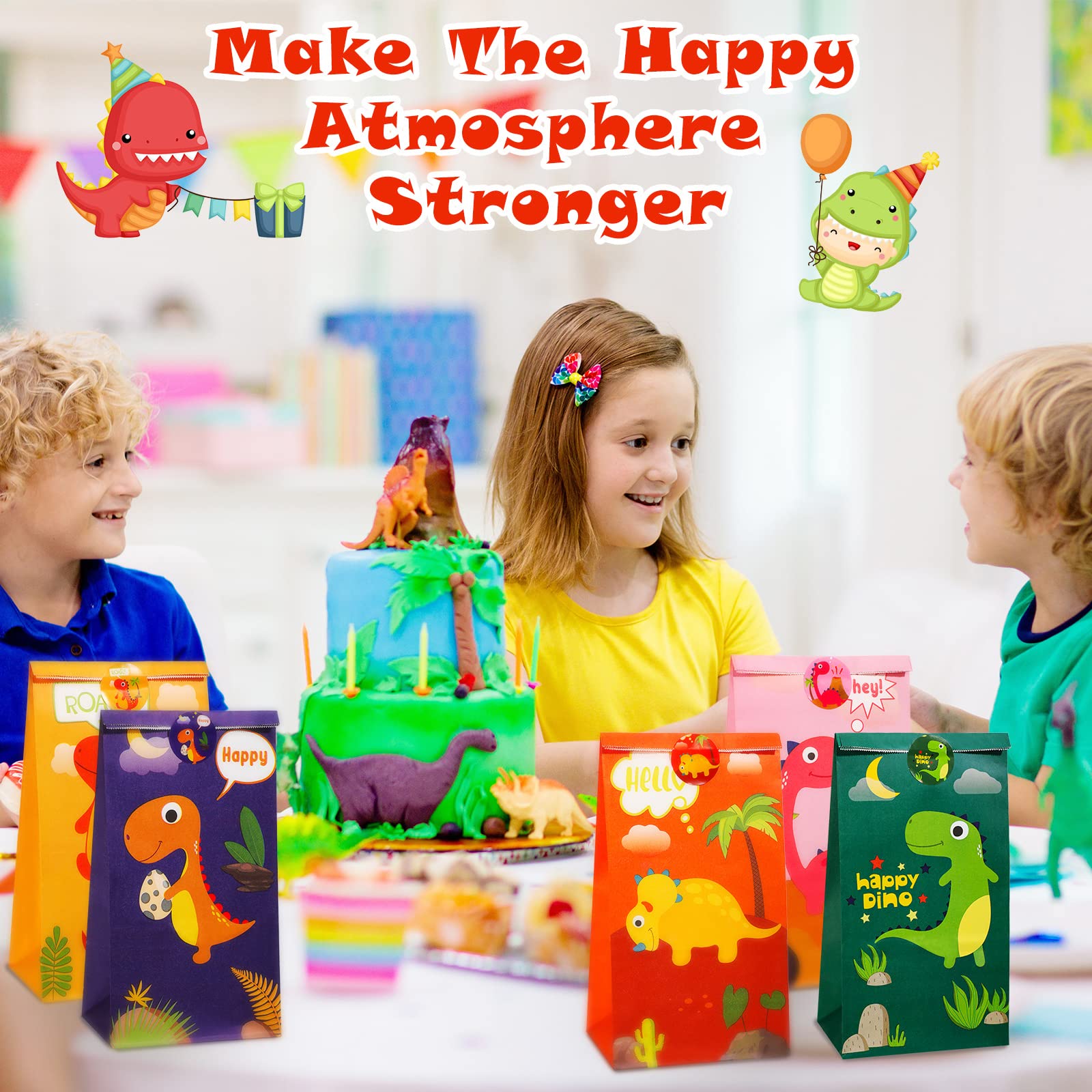 30 Pack Dinosaur Party Favor Bags with Matching Stickers - Dino Themed Treat Bags for Kids Birthday, Baby Shower & Graduation Parties - Perfect for Candy, Goodies & Small Gifts (Classic Design)