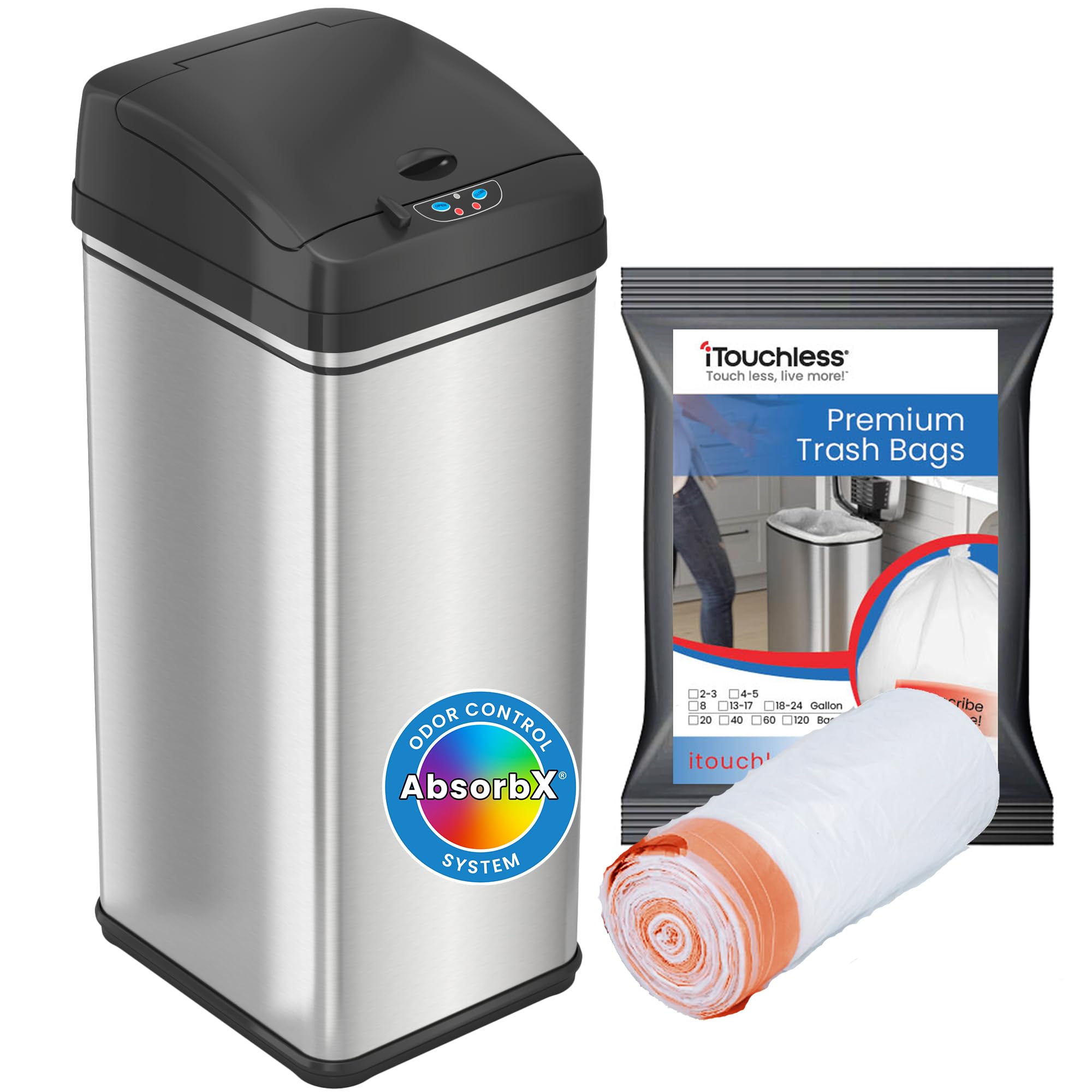 iTouchless 13 Gallon Automatic Touchless Trash Can with Sensor - Stainless Steel Kitchen Garbage Bin with 20 Trash Bags, Large Lid Opening - Perfect for Home, Office, Restaurant & Commercial Use (DZT13BG20)