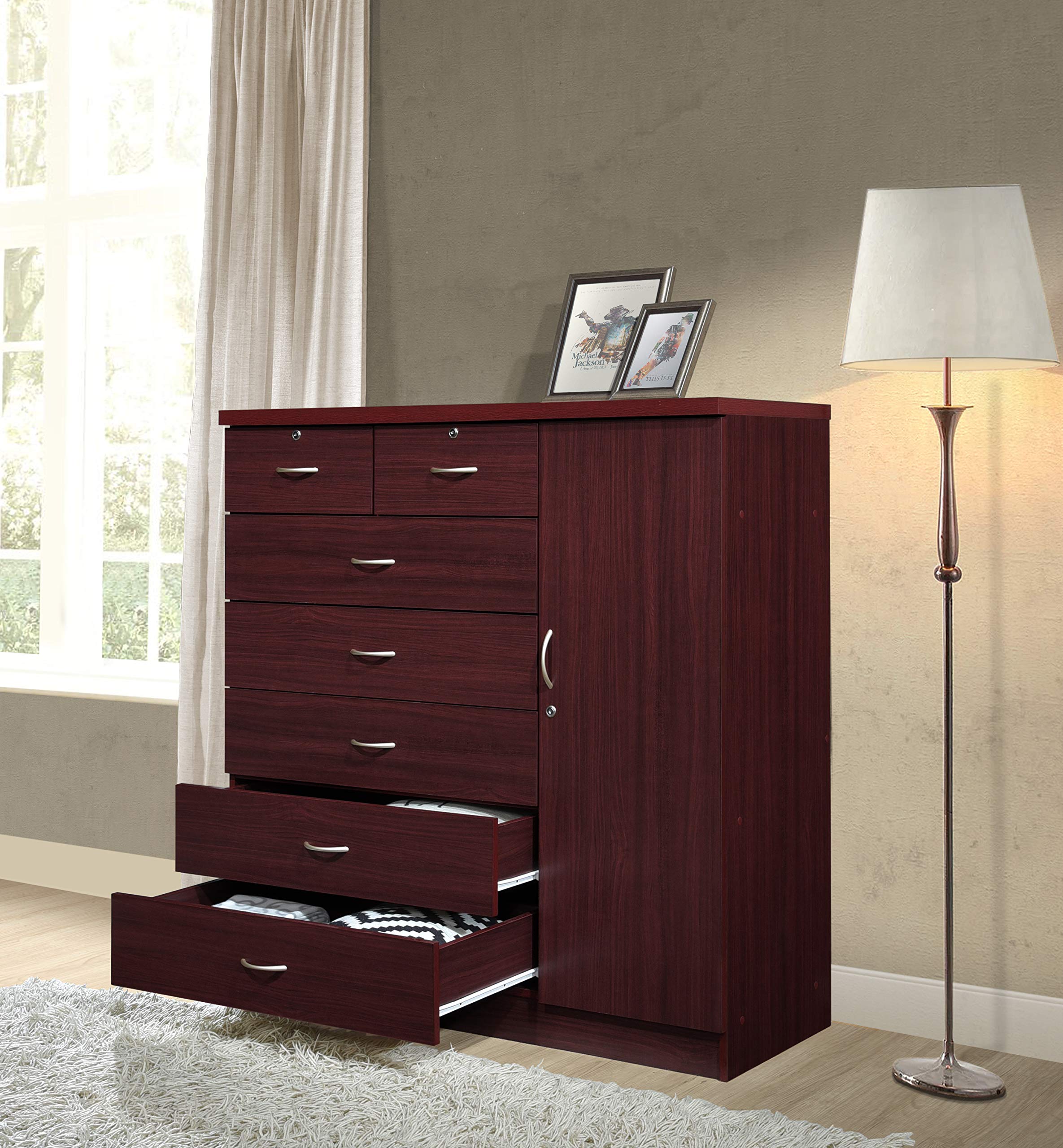 Hodedah 7-Drawer Jumbo Chest Organizer - 5 Large & 2 Small Drawers with Lock, Hanging Rod & 3 Shelves - Mahogany Finish (17.76