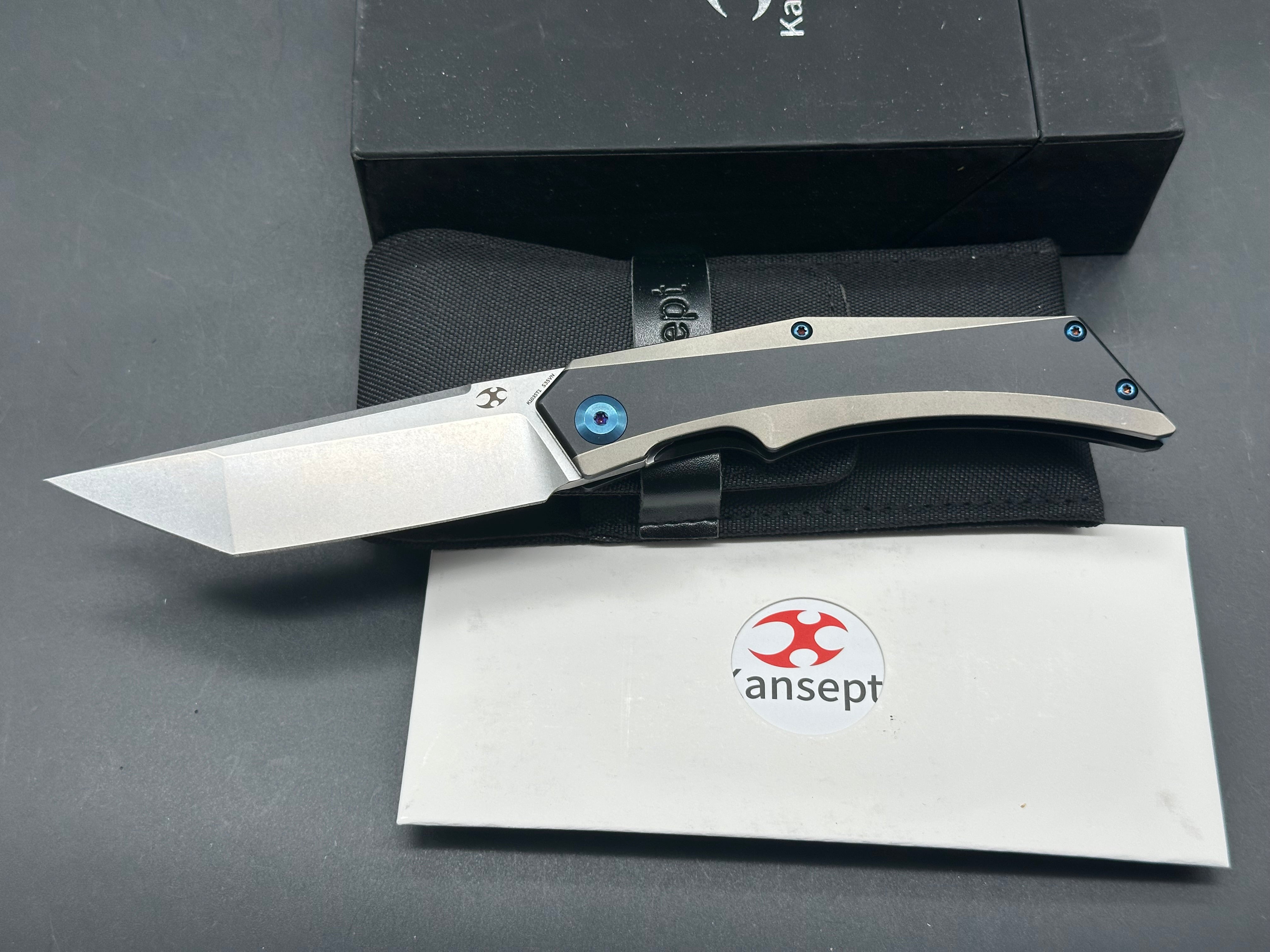 Premium KANSEPT NASKA Folding Knife - Black/Gray Titanium Handle, S35VN Tanto Blade - EDC, Outdoor Survival, Camping & Tactical Use