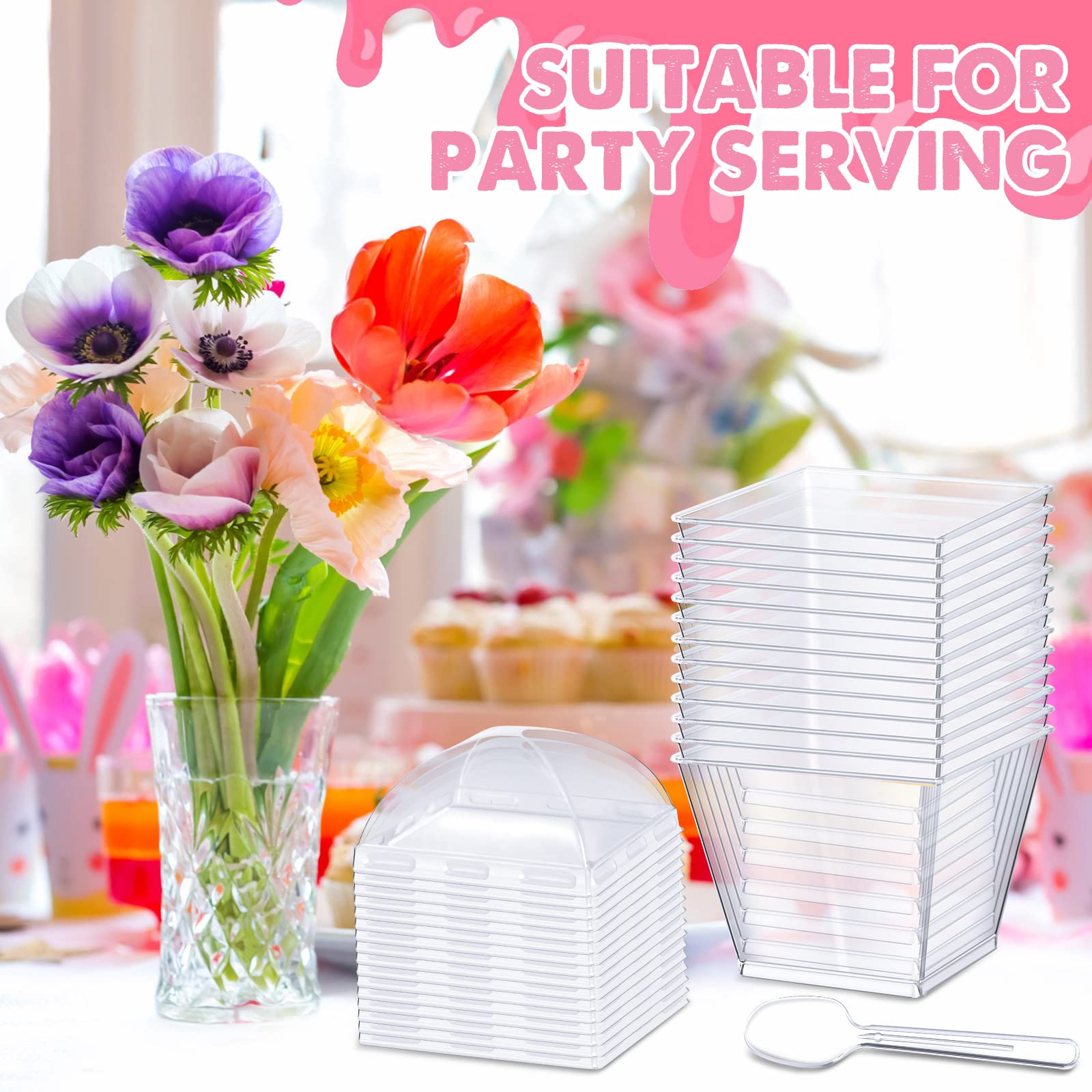 150 Pcs 3 oz Clear Square Mini Plastic Dessert Cups with Lids & Spoons - Perfect for Parfaits, Appetizers, Ice Cream, Birthday Parties, Weddings & Anniversaries - BPA-Free Disposable Party Favors