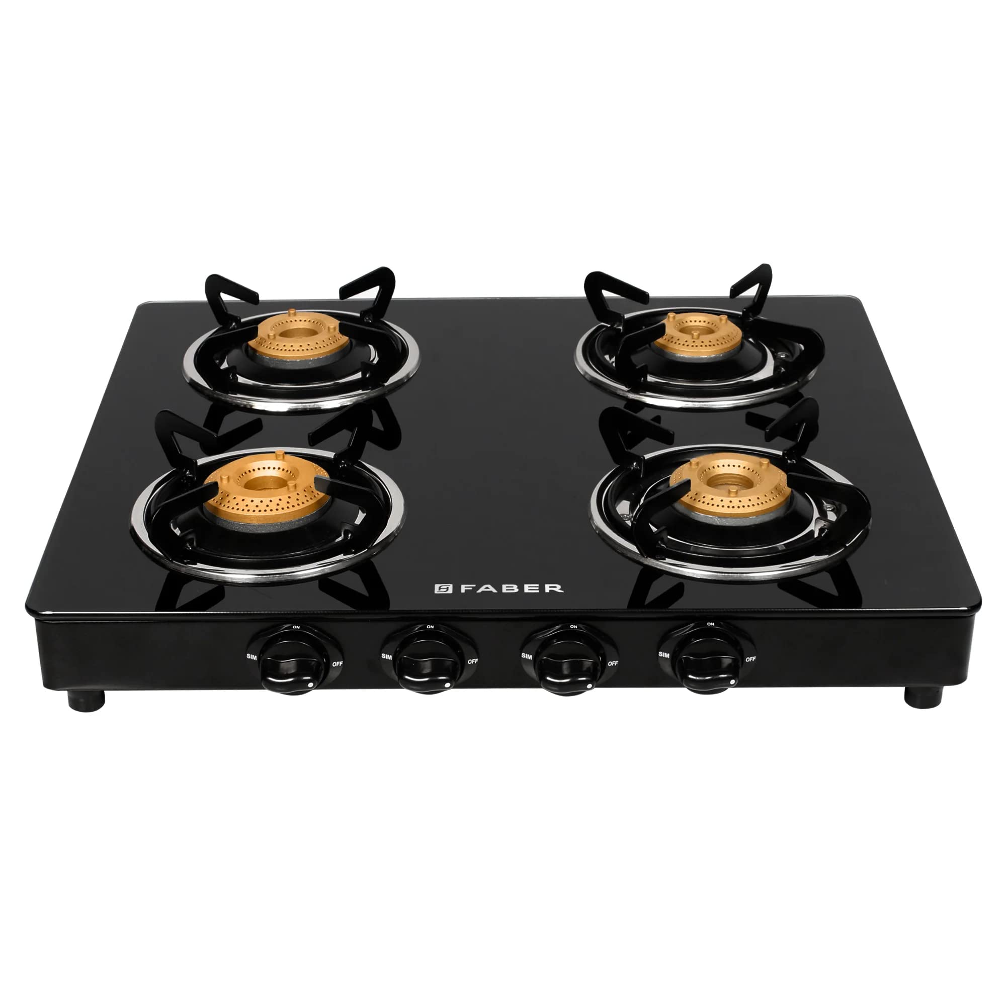 Faber Daisy 4-Burner Gas Stove with Glass Top - 2 Medium & 2 Small Brass Burners, Powder Coated Pan Support - Easy to Clean Manual Ignition Hob Cooktop (Black) - Perfect for Home Kitchen, RV Camping & Outdoor Cooking