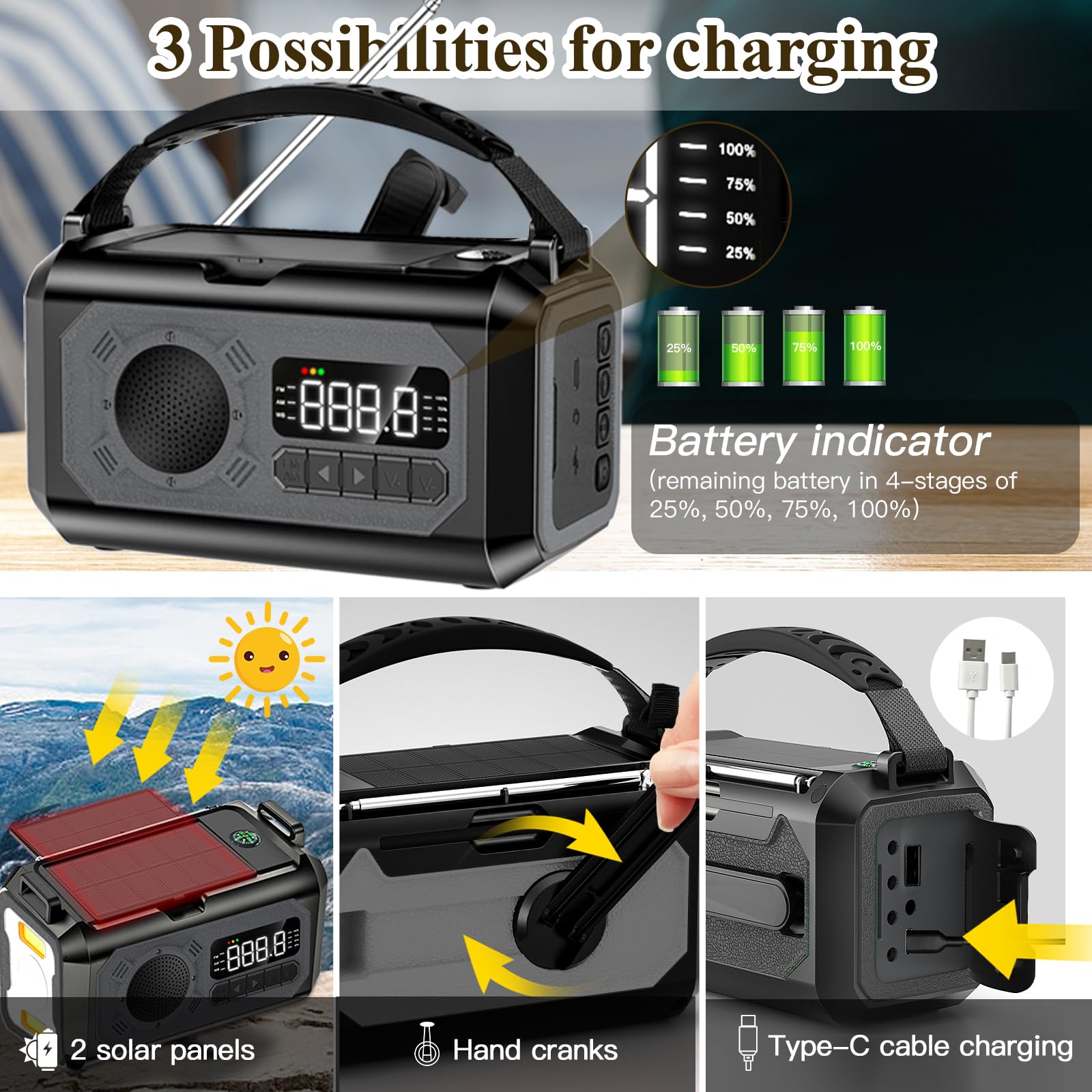 12000mAh Solar Powered Emergency Weather Radio with NOAA Alerts - AM/FM/NOAA Weather Band, SOS Alarm, Flashlight, Phone Charger & Compass - Perfect for Outdoor Camping, Hiking and Emergency Preparedness