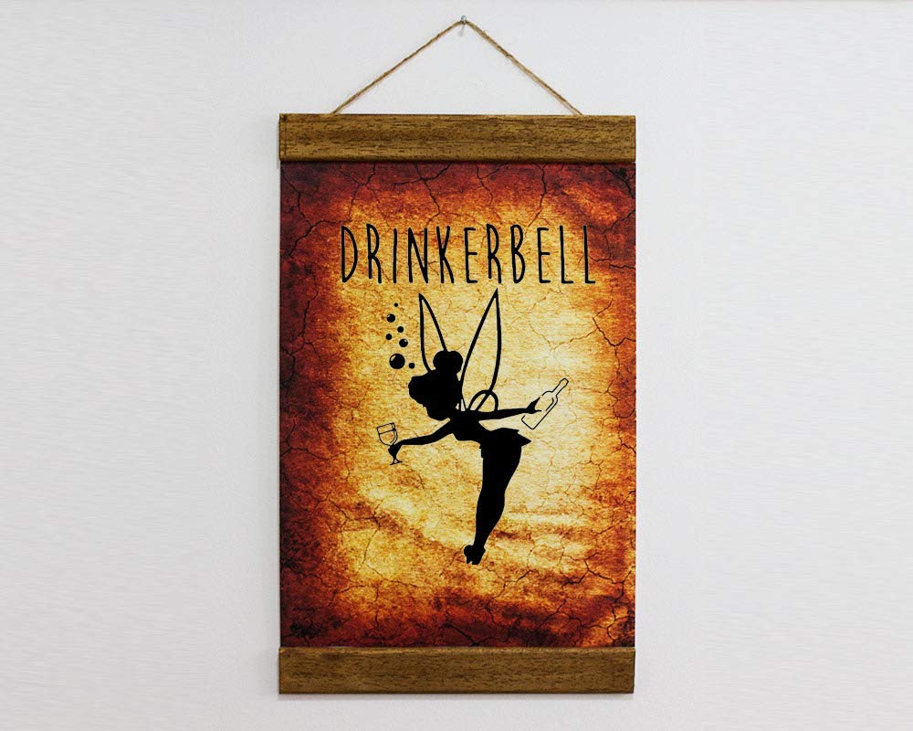 Disney Tinkerbell Wine Lover Gift - Epcot Inspired Drinking Wood Framed Canvas Print with Vintage Background - Perfect for Home Bar Decor, Disney Fan Gifts & Wine Enthusiast Presents