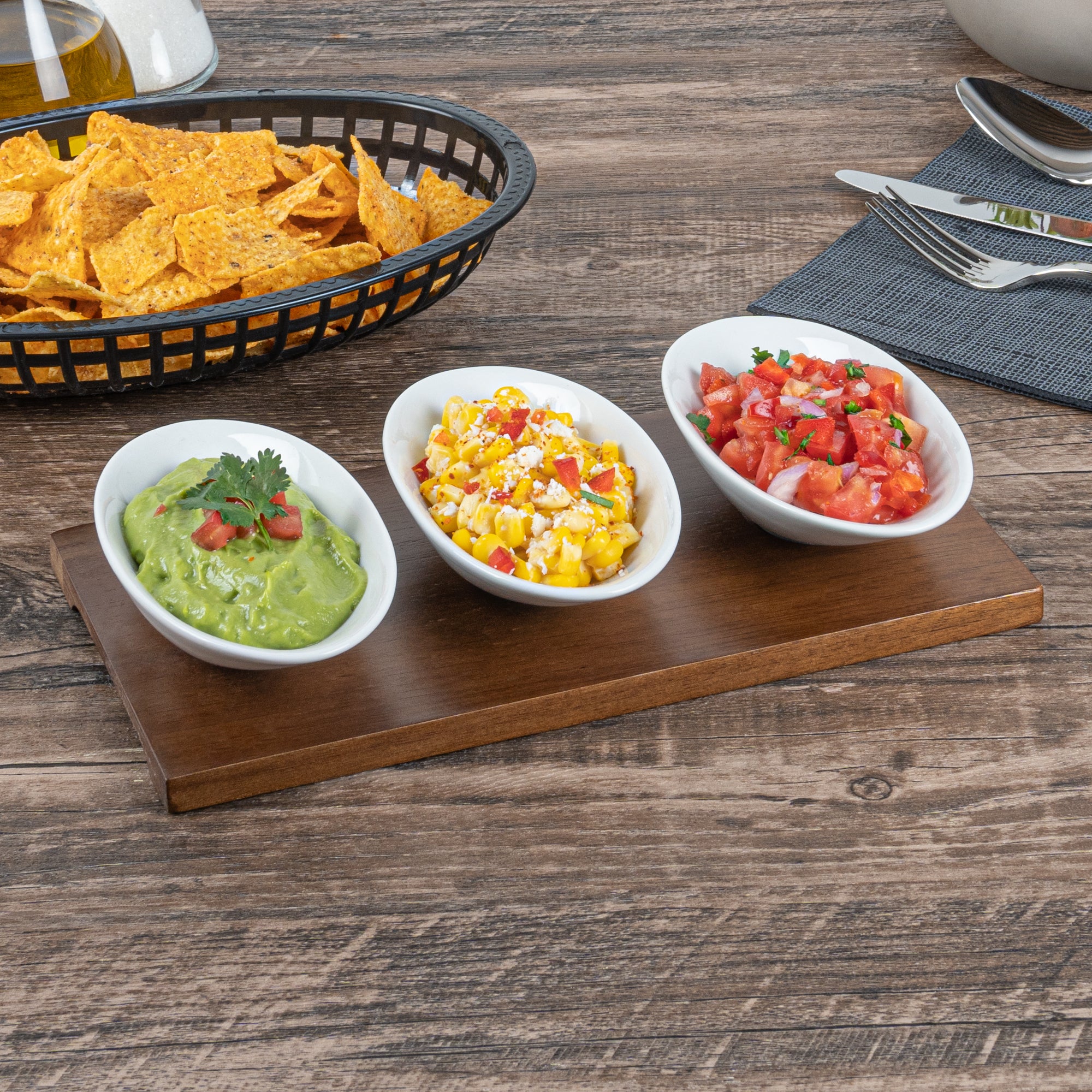 Premium 9 oz White Porcelain Rectangular Ellipse Bowls Set of 3 with Bamboo Tray - 10.25