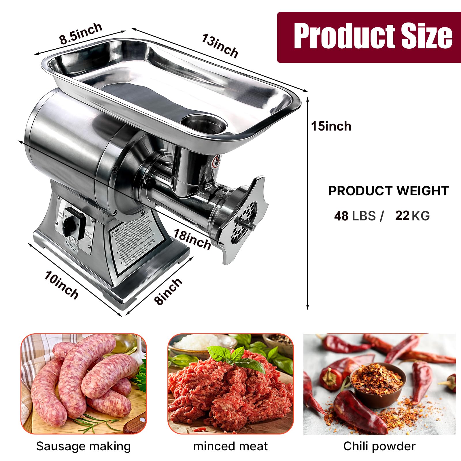 Commercial Meat Grinder 550Lb/H - 1100W Heavy Duty Stainless Steel Electric Food Grinder & Mincer - Industrial Sausage Stuffer Maker with 2 Blades, 3 Grinding Plates & Sausage Tubes - Perfect for Butcher Shops, Restaurants & Home Kitchens