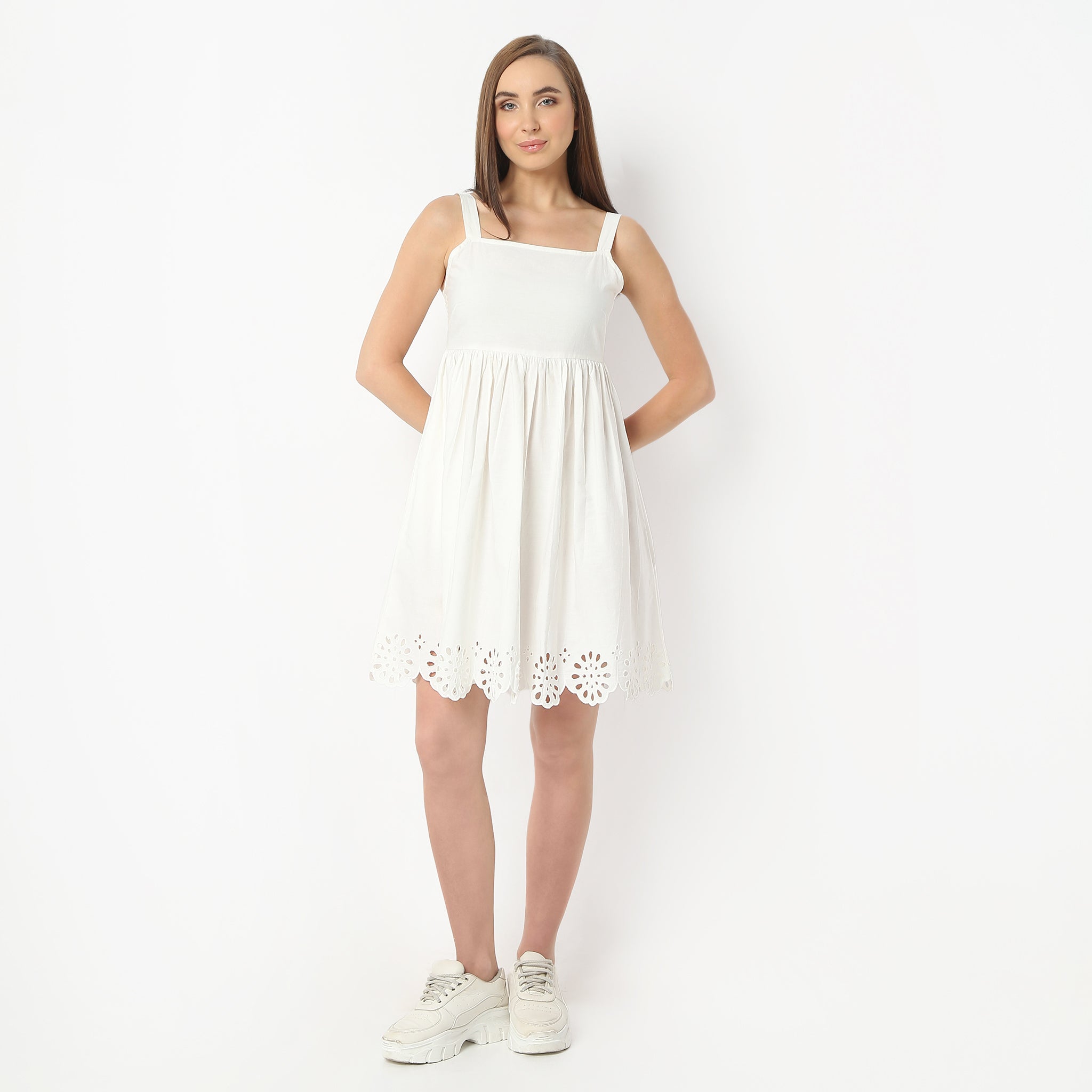 Flare Fit Knee Length Square Neck Sleeveless Cotton Summer Dress with Cutwork Detail - Perfect for Beach Vacations, Garden Parties & Casual Outings