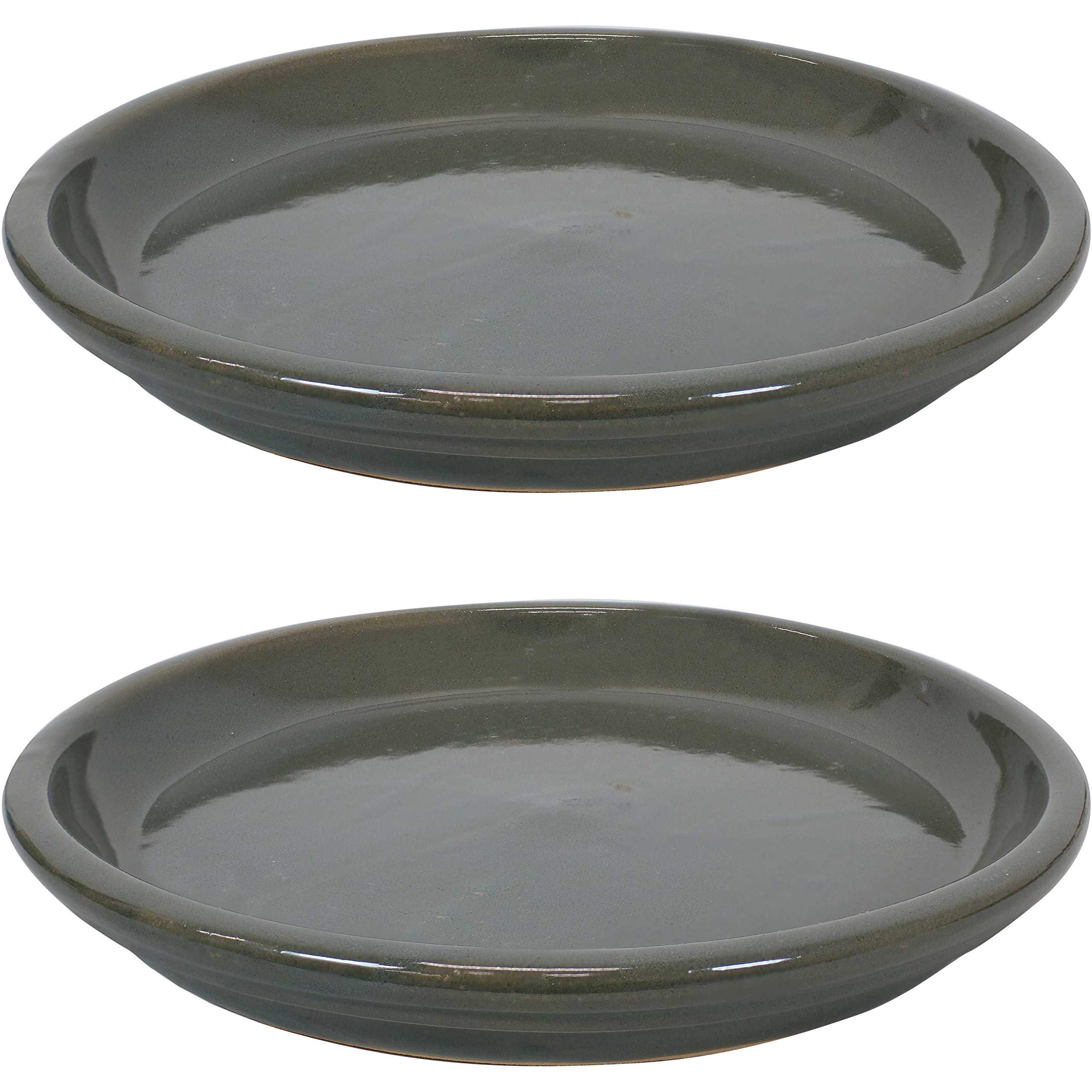 Sunnydaze 12-Inch Ceramic Plant Saucers - Set of 2 Gray Flower Pot Drip Trays for Outdoor Planter Drainage - Perfect for Patio, Garden & Indoor Plant Care