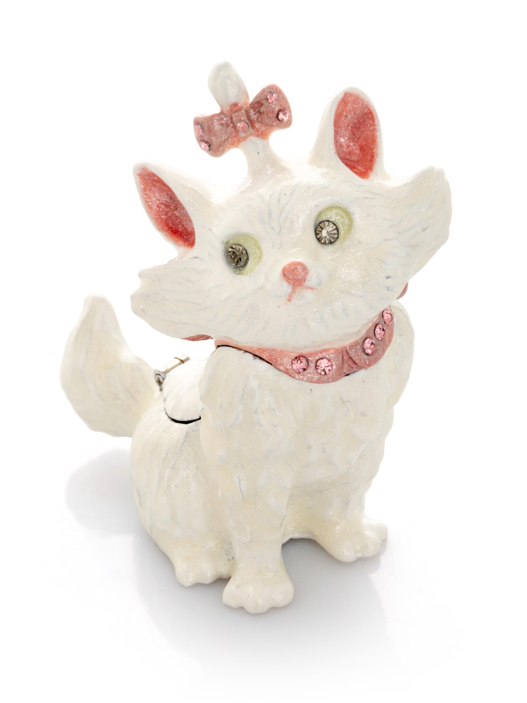 White & Pink Enamel Painted Faberge Style Cat Jewelry Trinket Box - Perfect for Home Decor, Gift Giving & Jewelry Storage