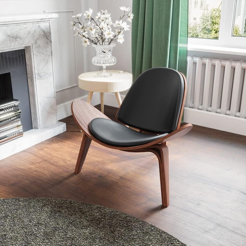 Mid Century Modern Shell Lounge Chair - PU Leather Upholstery, Tripod Plywood Base & Solid Wood Accent - Classic Design Living Room Chair for Reading Nook, Office Lounge & Salon Decor (Brown) - Perfect for Modern Homes, Coffee Shops and Waiting Areas