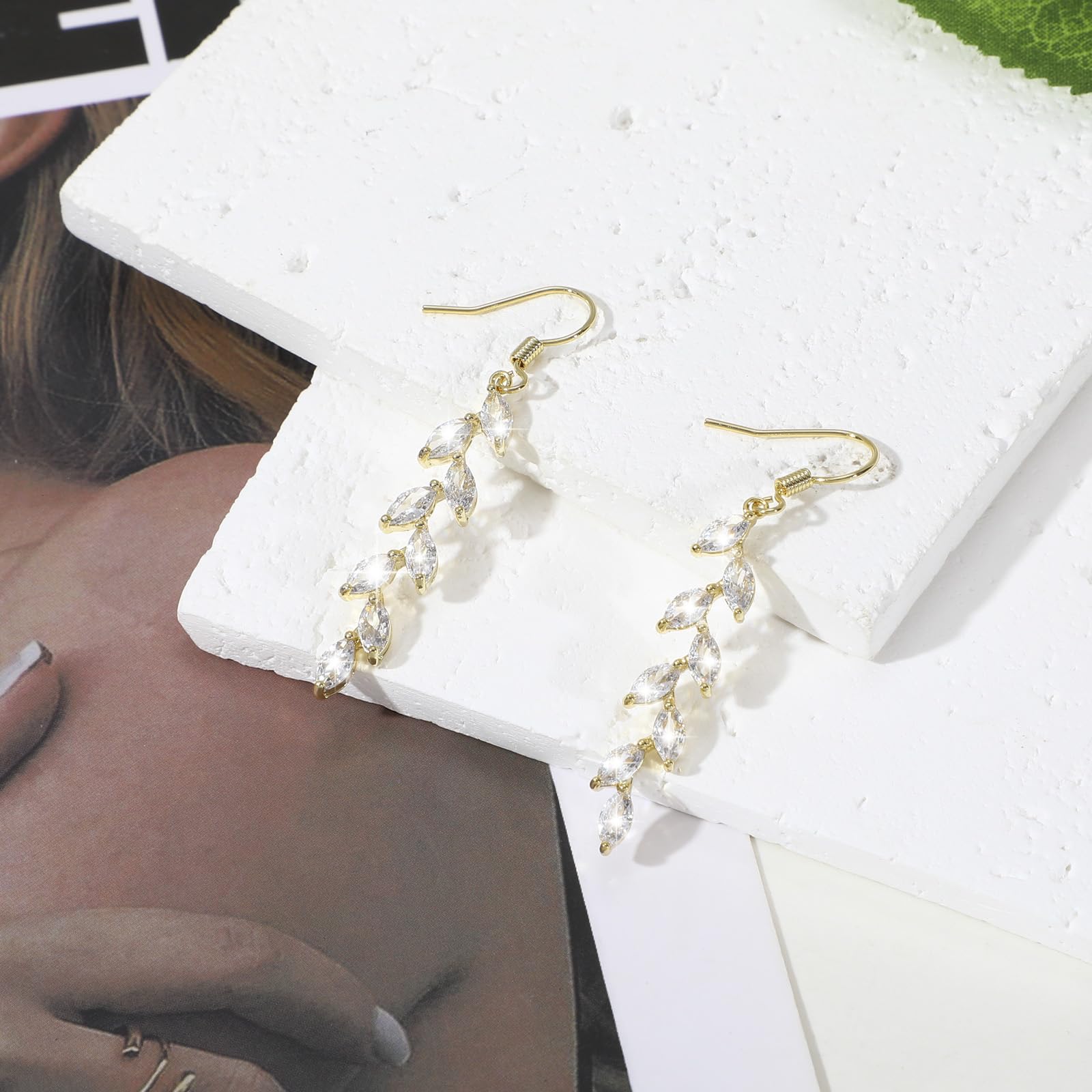 925 Sterling Silver Olive Leaf Crystal Dangle Earrings for Women - Elegant Wedding, Prom & Party Jewelry - Perfect for Bridal Accessories, Evening Events and Special Occasions