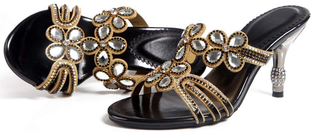YooPrettyz Women's Rhinestone Handmade Sandals - Cutout Floral Slip-On Dress Shoes with Kitten Heels | Perfect for Weddings, Parties & Summer Outfits