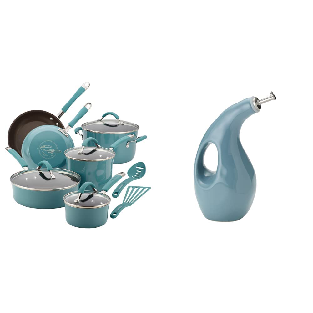 Rachael Ray Cucina Nonstick Cookware Set - 12-Piece Pots and Pans in Agave Blue & Ceramic EVOO Olive Oil Dispenser with Spout (24 oz) - Perfect for Home Cooking, Kitchen Upgrades, and Gift Giving