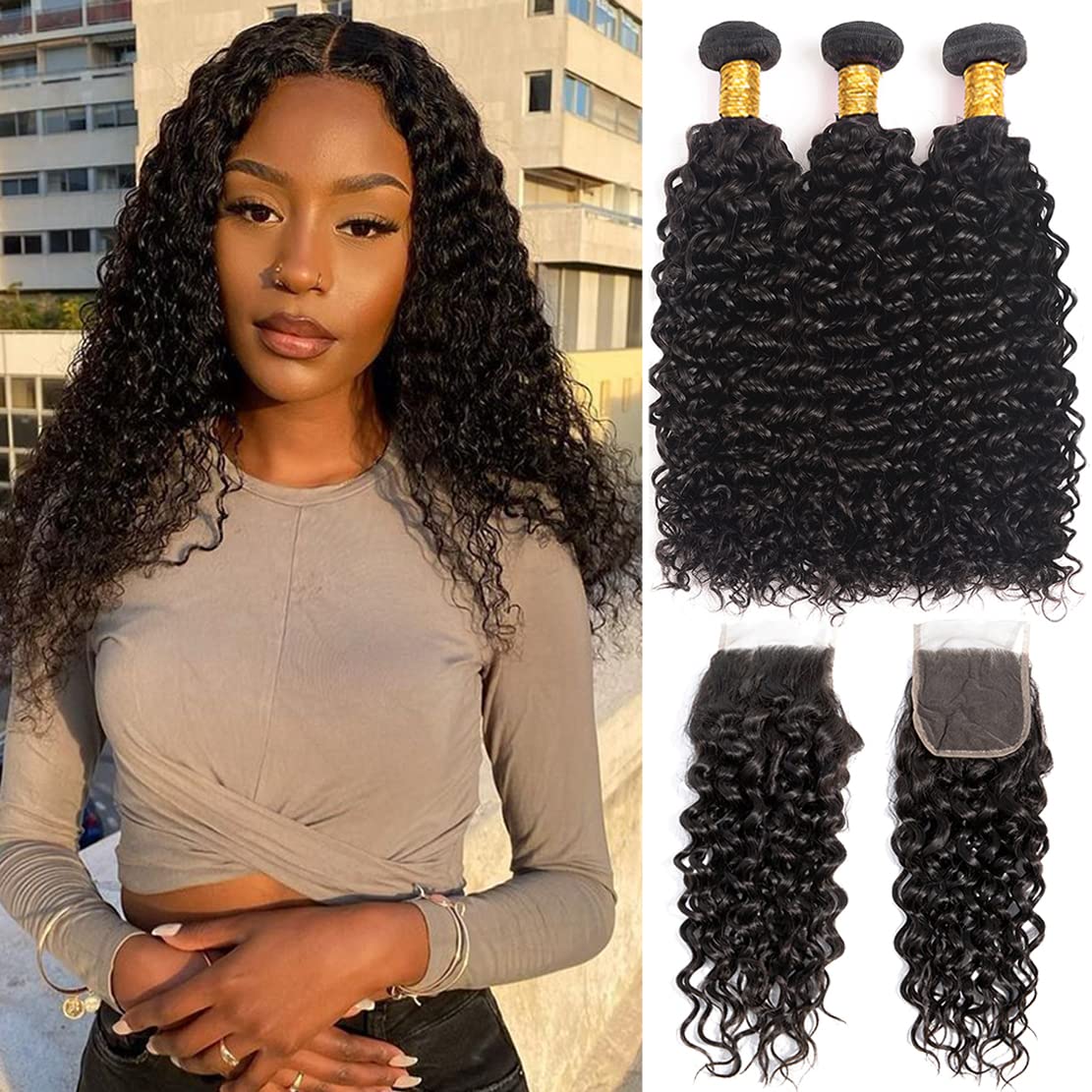 Vallbest 100% Unprocessed Brazilian Wet and Wavy Human Hair Weave Bundles with Lace Closure - 3 Bundles (14