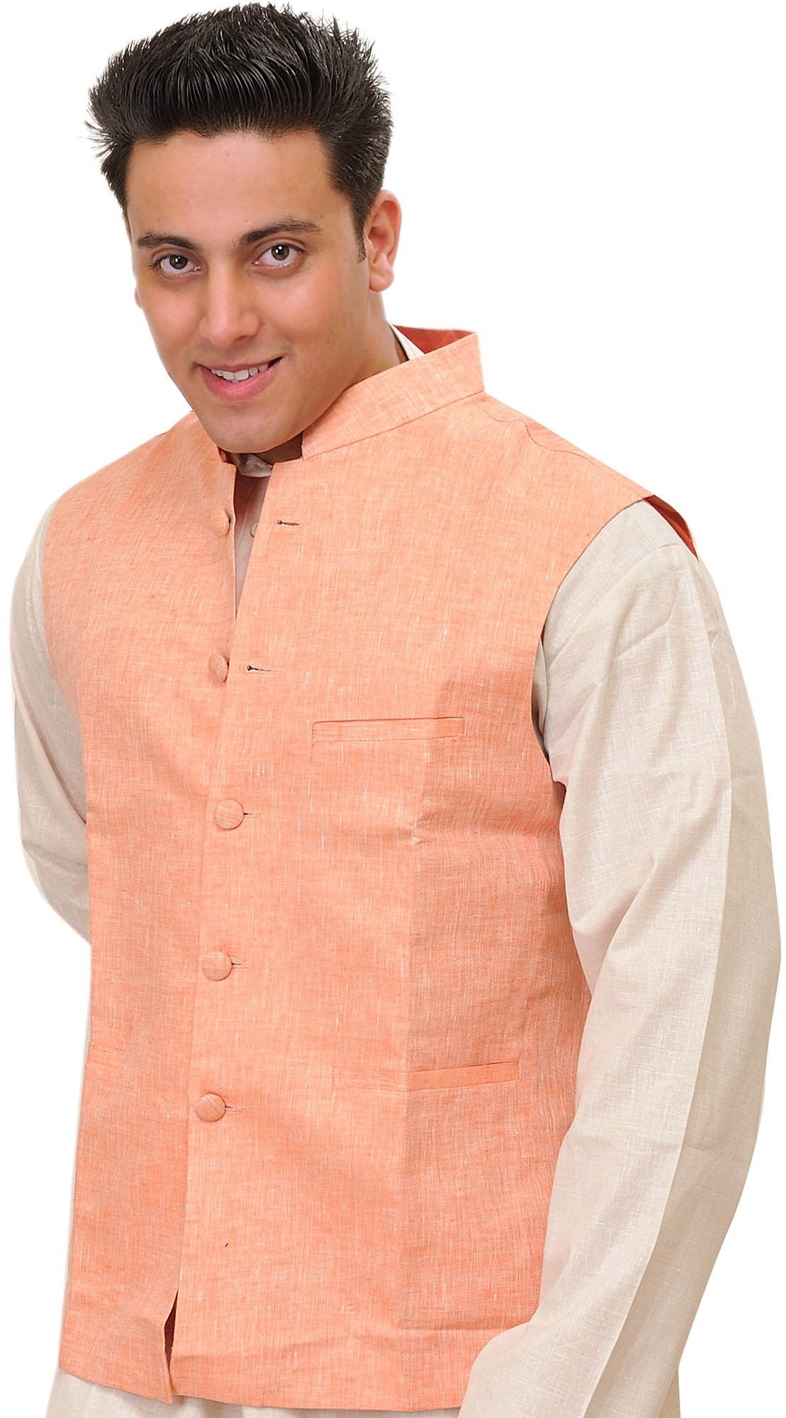 Exotic India Plain Pure Linen Modi Jacket for Men - Traditional Indian Nehru Jacket for Weddings, Festivals & Cultural Events