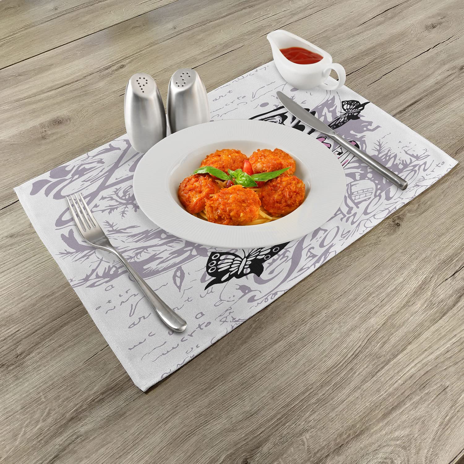 Ambesonne Rose Placemats Set of 4 - Abstract Floral with Butterflies Victorian Design Washable Fabric for Dining Table & Kitchen Decor in Pale Mauve Pink | Perfect for Romantic Dinners, Tea Parties & Home Decor