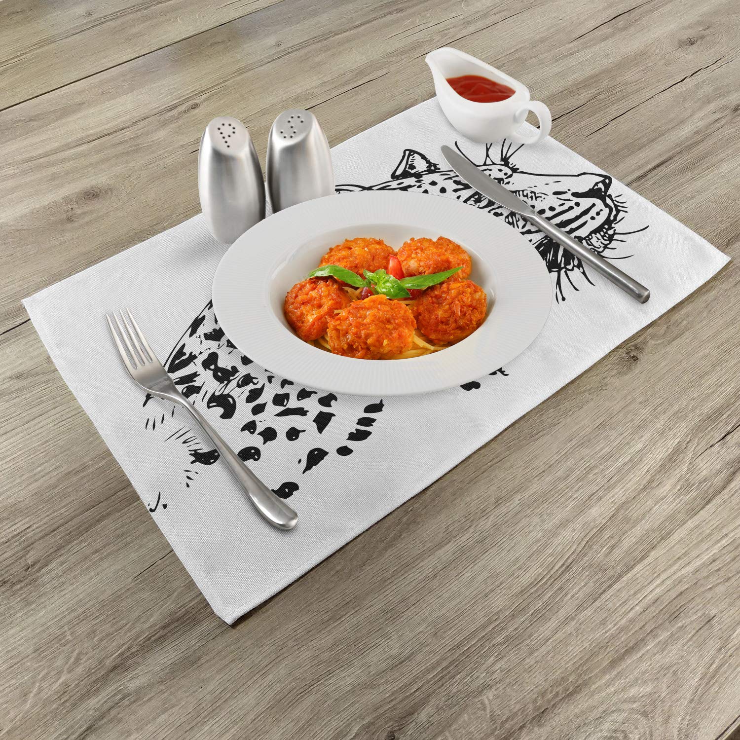 Ambesonne 4-Piece Sketchy Place Mats Set - Hand Drawn Jaguar Wildlife Jungle Animal Savannah Theme Art Print - Washable Fabric Dining Table Placemats (Standard Size, Black & White) - Perfect for Dinner Parties, Wildlife Theme Decor & Home Entertaining