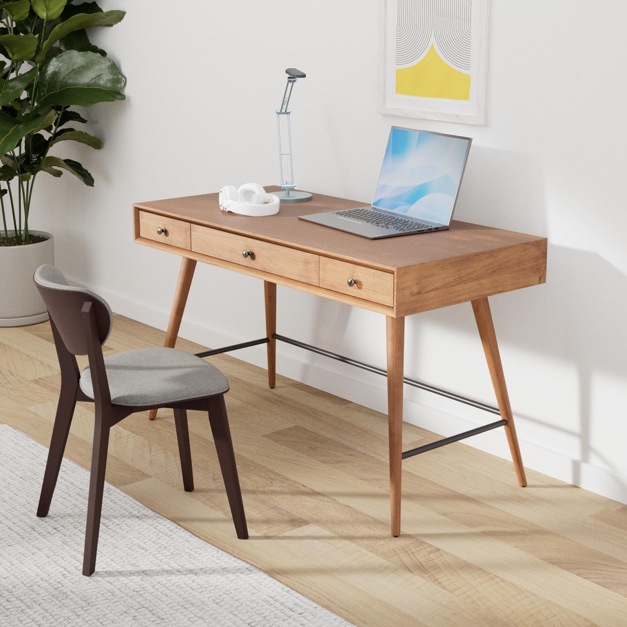 Modern Brown Inspire Q Aksel Wood 3-Drawer Writing Desk - Compact Home Office Desk for Small Spaces, Study & Work from Home