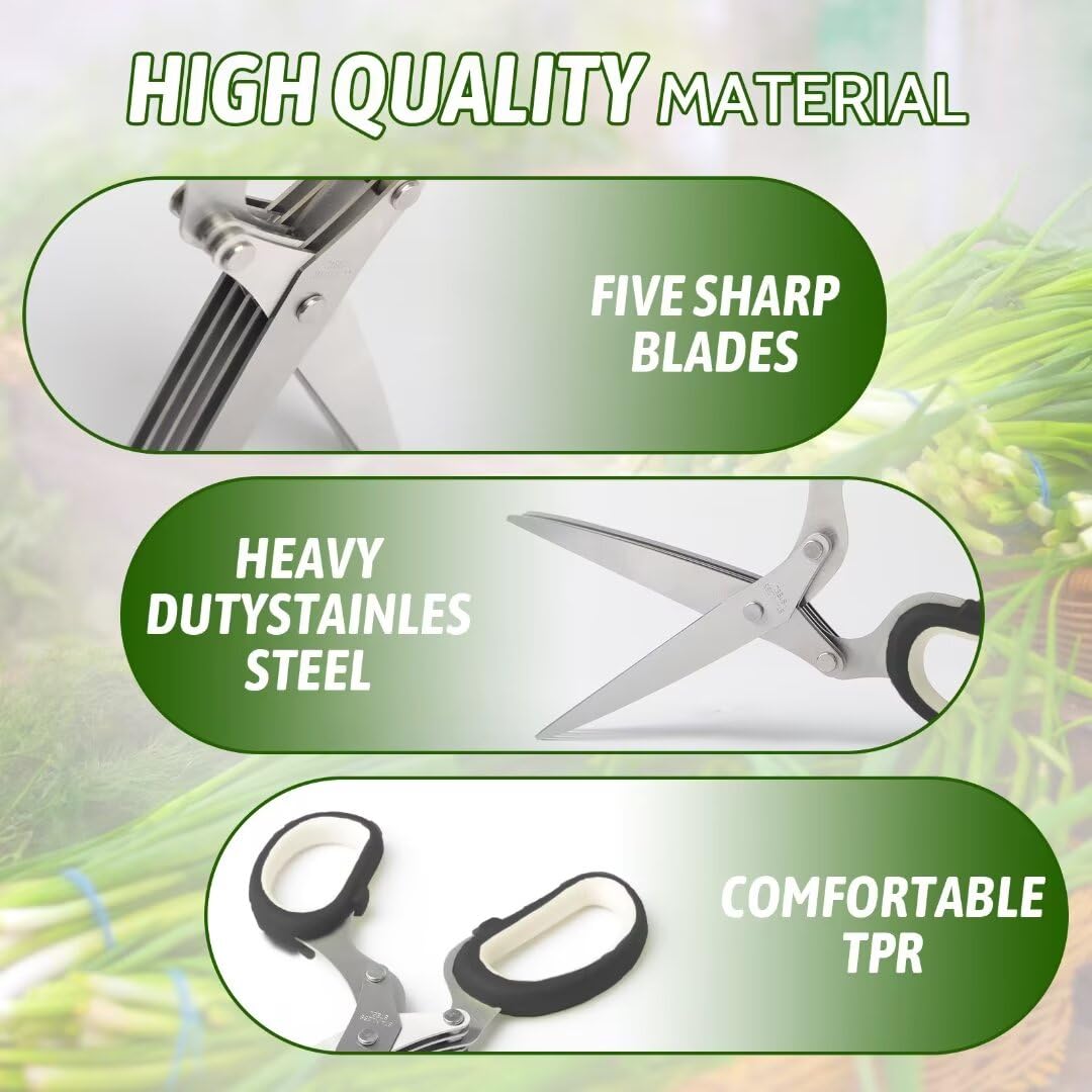 5-Blade Herb Scissors with Cover & Cleaning Brushes - Professional Kitchen Scissors for Chopping Herbs, Salad Greens, Vegetables - Multi-Purpose Food Scissors with Herb Stripper - Perfect for Meal Prep, Cooking, Garnishing (Black)