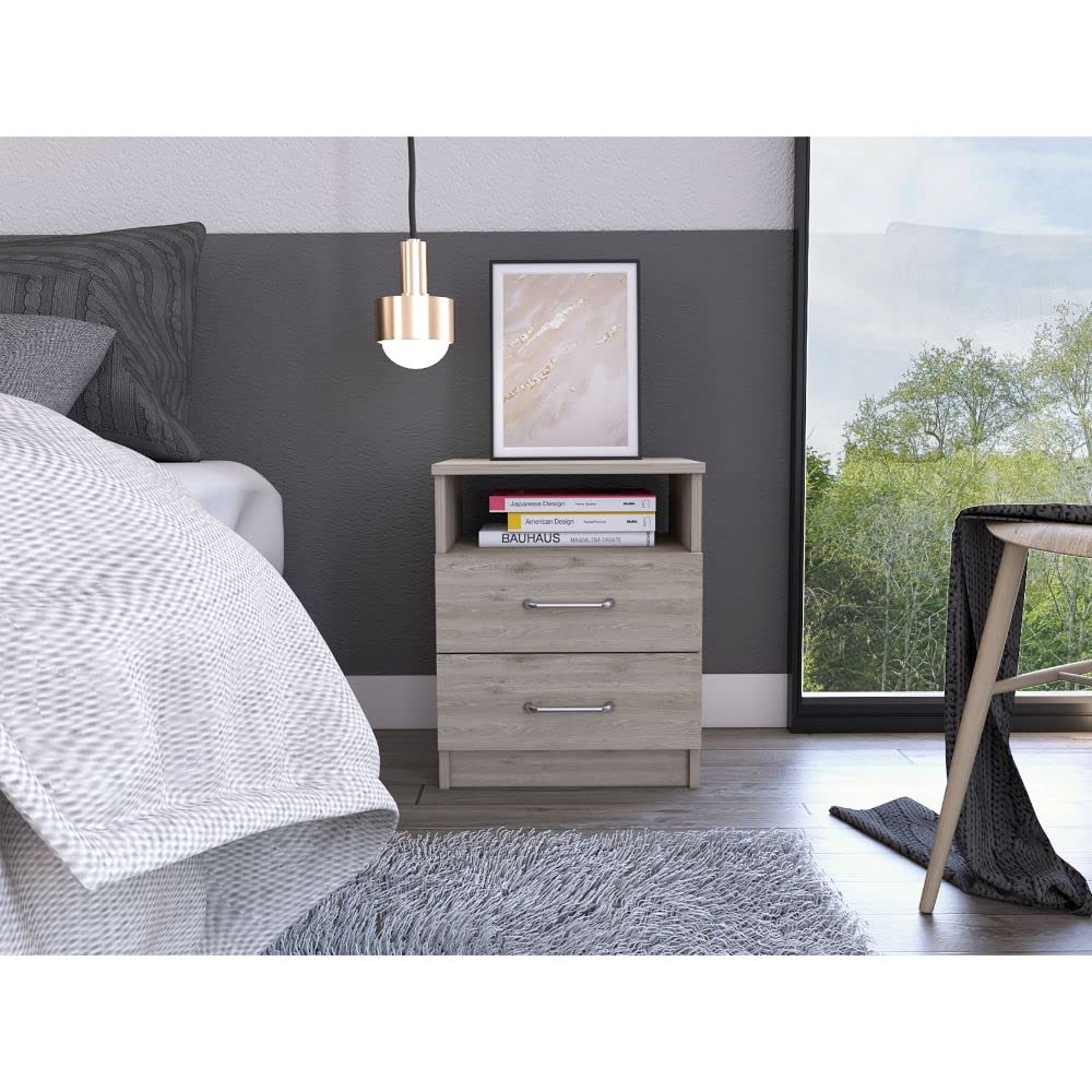 Modern Light Gray Oklahoma Nightstand with 2 Drawers & Open Shelf - Sturdy Metal Handles for Bedroom, Living Room, or Office Storage