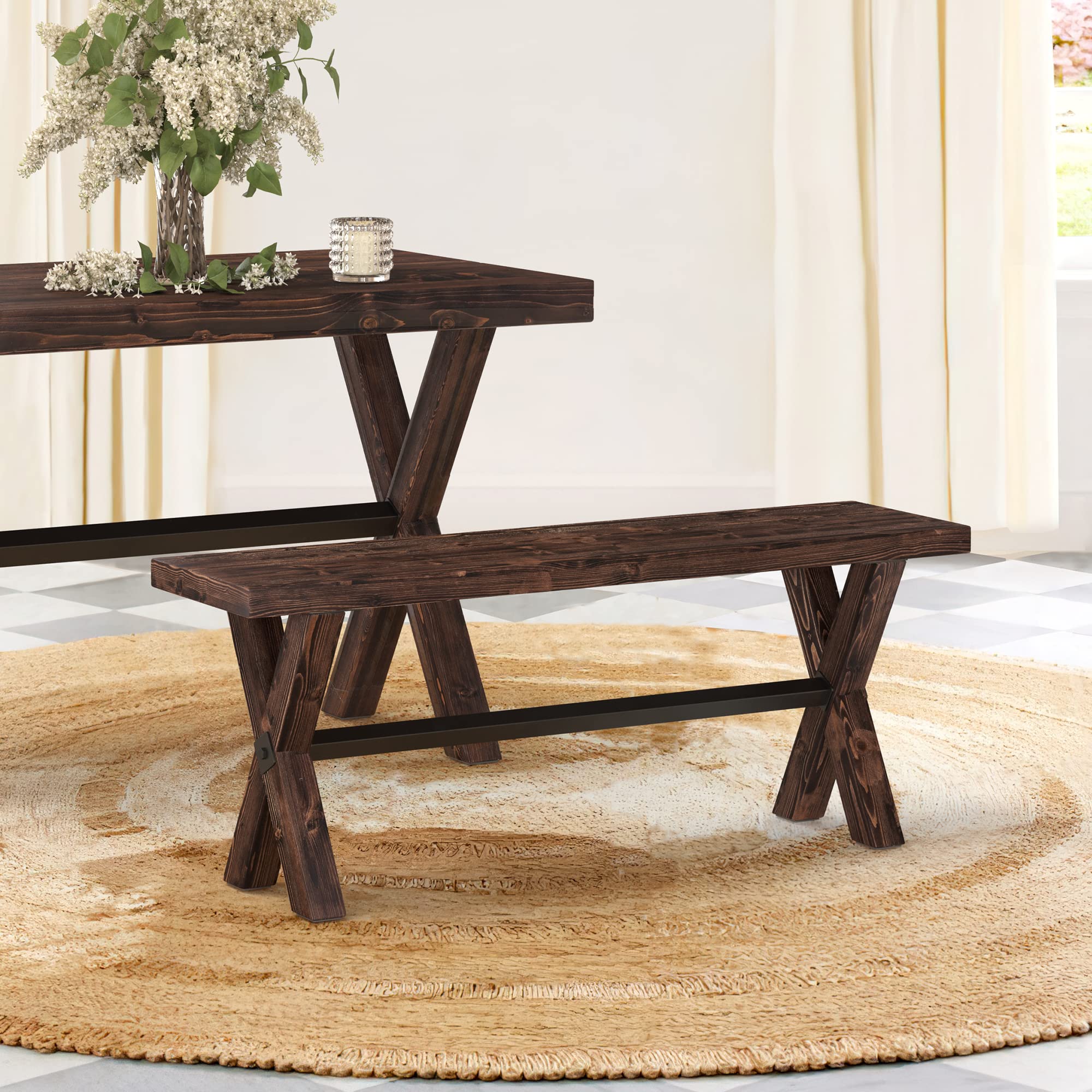 LUE BONA 47 Inch Solid Wood Dining Bench - Farmhouse Style Kitchen Bench with Natural Wood Grain - Heavy Duty Rectangular Dining Bench for Home, Kitchen & Dining Room - Dark Brown - Perfect for Farmhouse Decor, Breakfast Nook & Family Gatherings