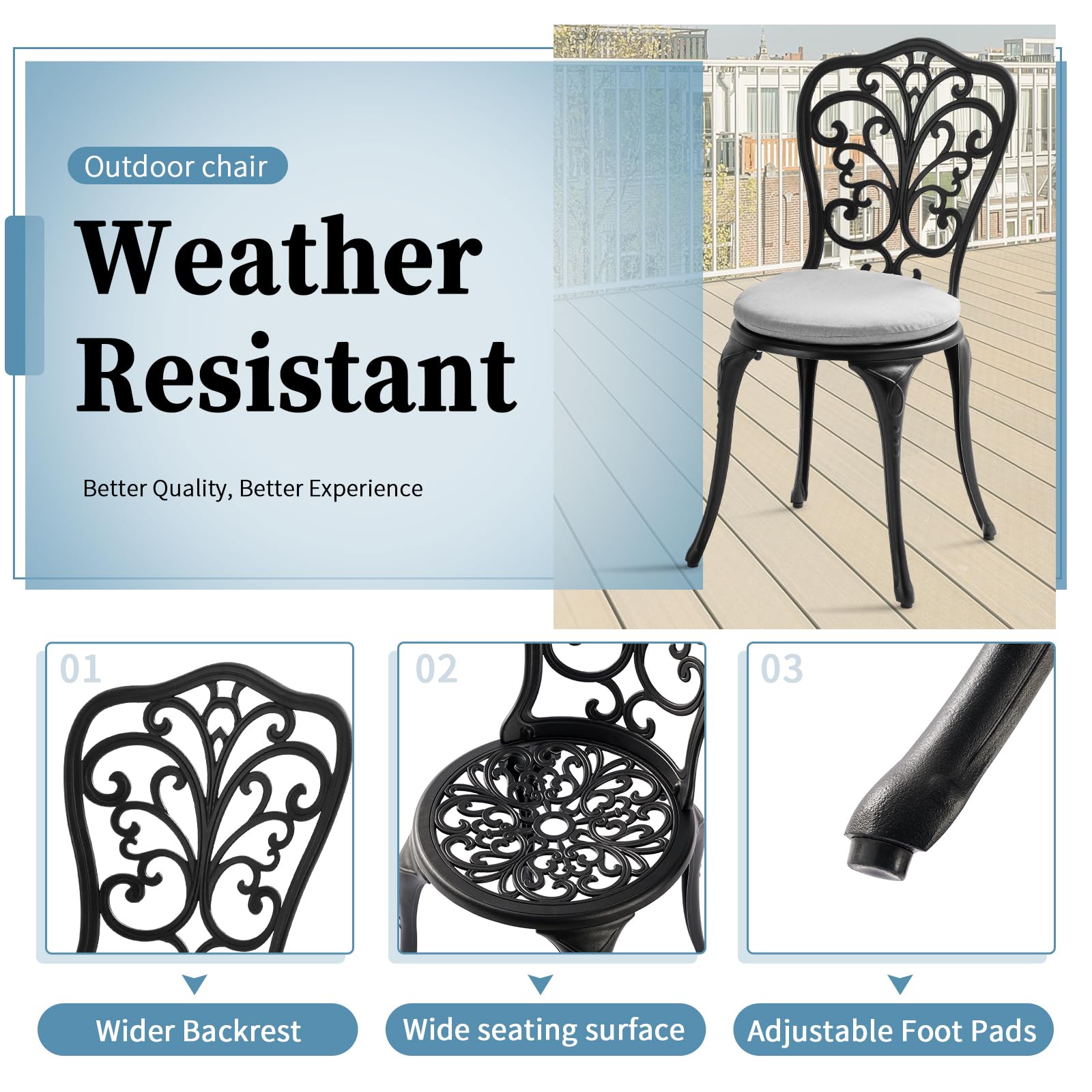 3 Piece Bistro Patio Set - Cast Aluminum Outdoor Table & 2 Chairs with Cushions, All-Weather Garden Furniture with Umbrella Hole (Black) - Perfect for Backyard, Balcony, and Poolside Relaxation