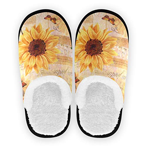 ALAZA Non-Slip Cotton House Slippers with Sunflower Butterfly Floral Design - Comfortable Indoor/Outdoor Slippers for Men & Women - Perfect for Home, Hotel, Spa, Bedroom and Travel Use
