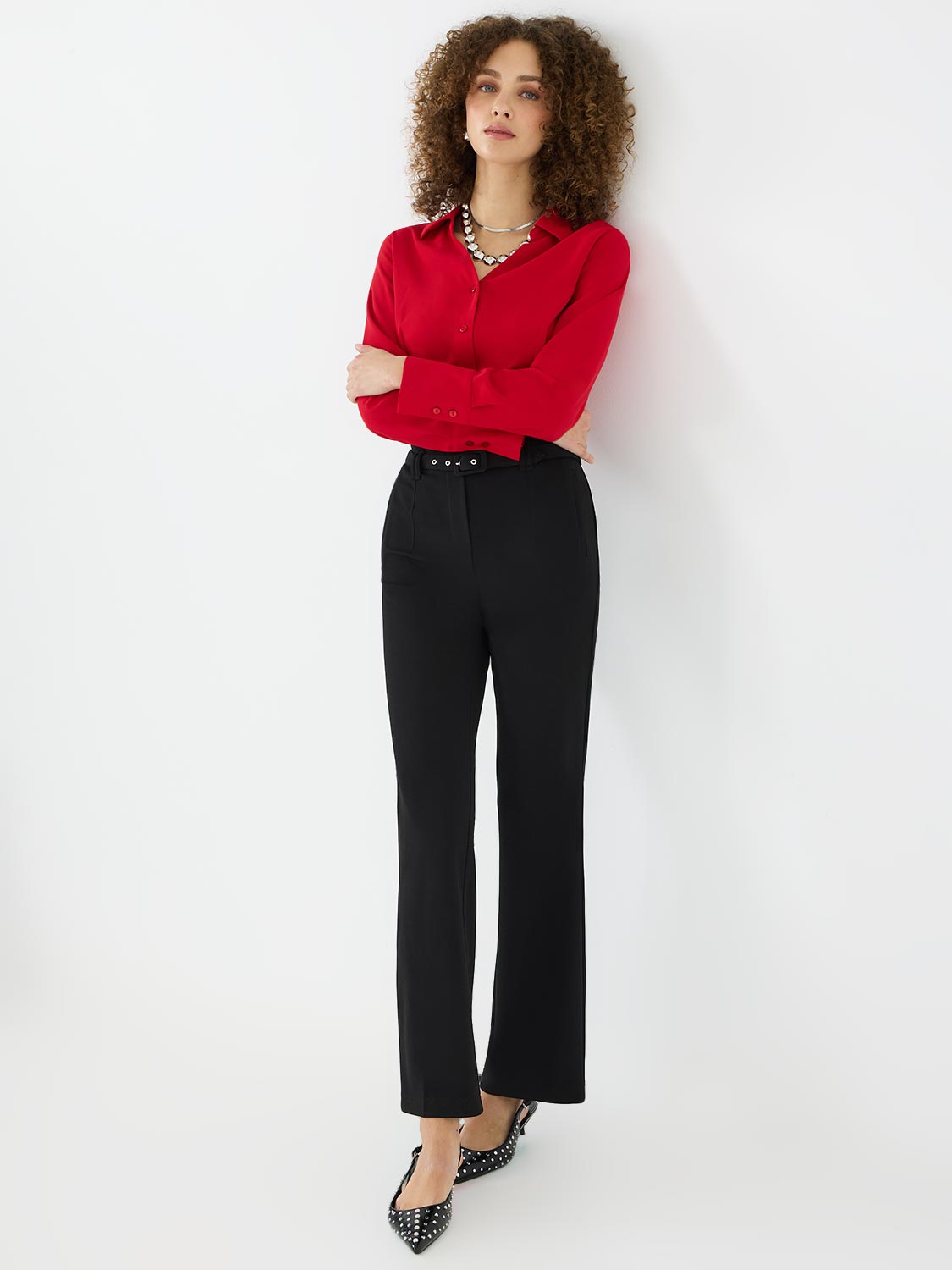 Stylish Belted Crepe Pants for Women - Comfortable High Waist Trousers with Adjustable Waistband | Perfect for Office, Travel & Casual Wear