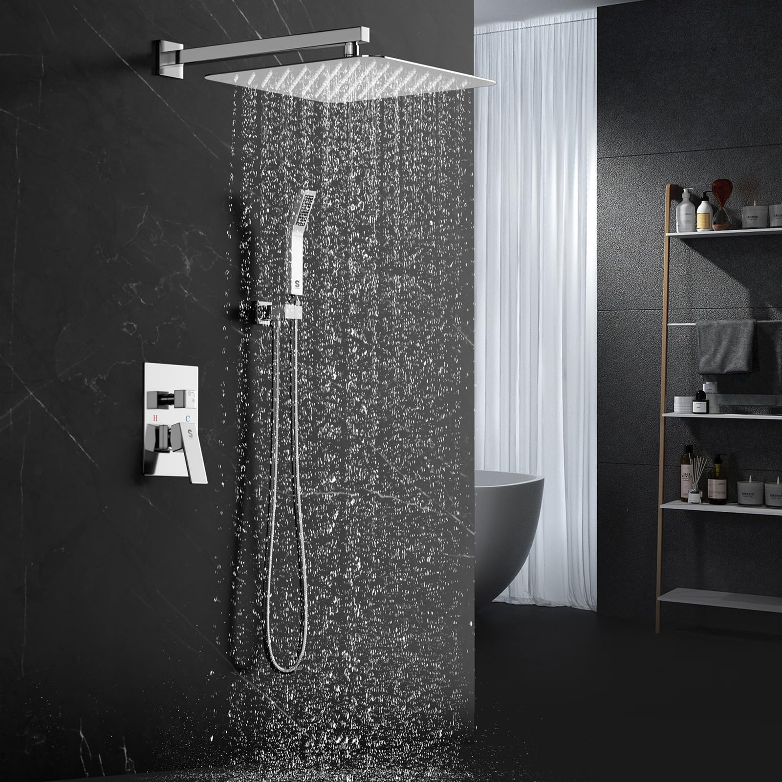 SR SUN RISE Polished Chrome Square Rainfall Shower Head and Handle Set - Wall Mounted Shower Fixtures with Metal Faucet Trim & Valve (16 Inch) - Perfect for Modern Bathroom Renovation and Spa-Like Shower Experience