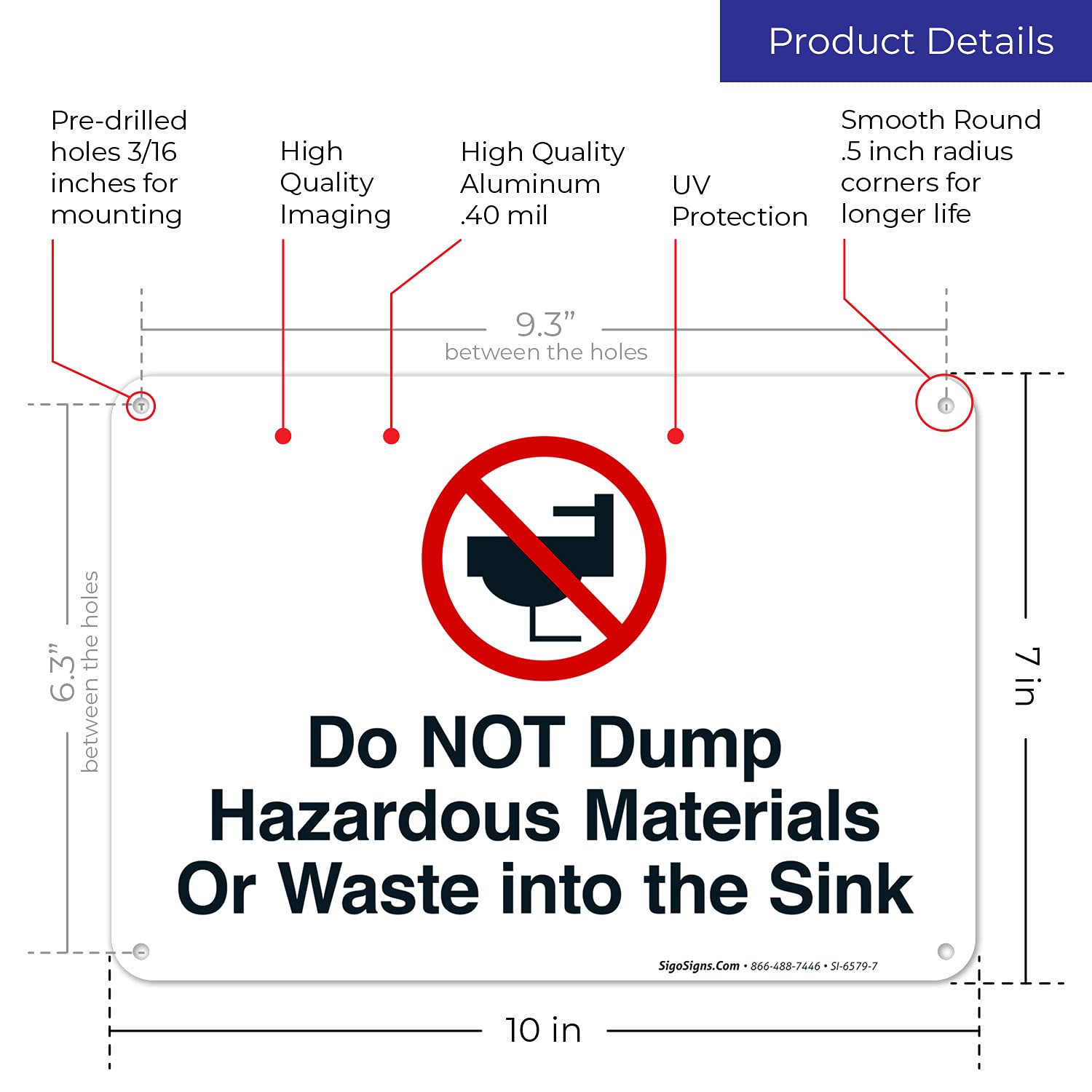Do Not Dump Hazardous Materials Sign - 10x7 Inch Rust-Free Aluminum Warning Sign for Sinks - Fade Resistant Indoor/Outdoor Use - Made in USA - Perfect for Restaurants, Labs & Industrial Facilities