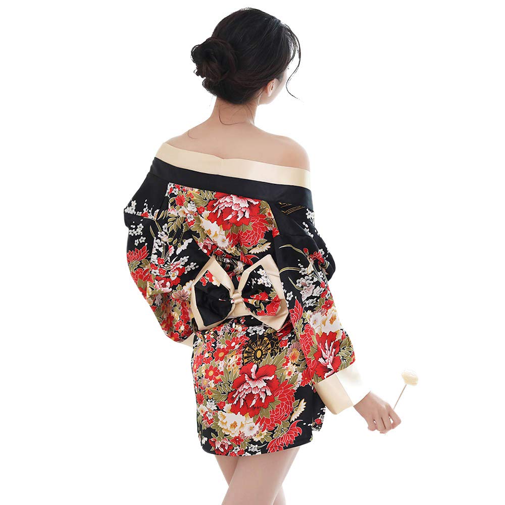 HongH Women's Sexy Kimono Lingerie - Pink Blossom Pattern Mini Kimono Dress, Nightgown & Bathrobe with Obi Belt | Perfect for Boudoir, Sleepwear & Spa Relaxation