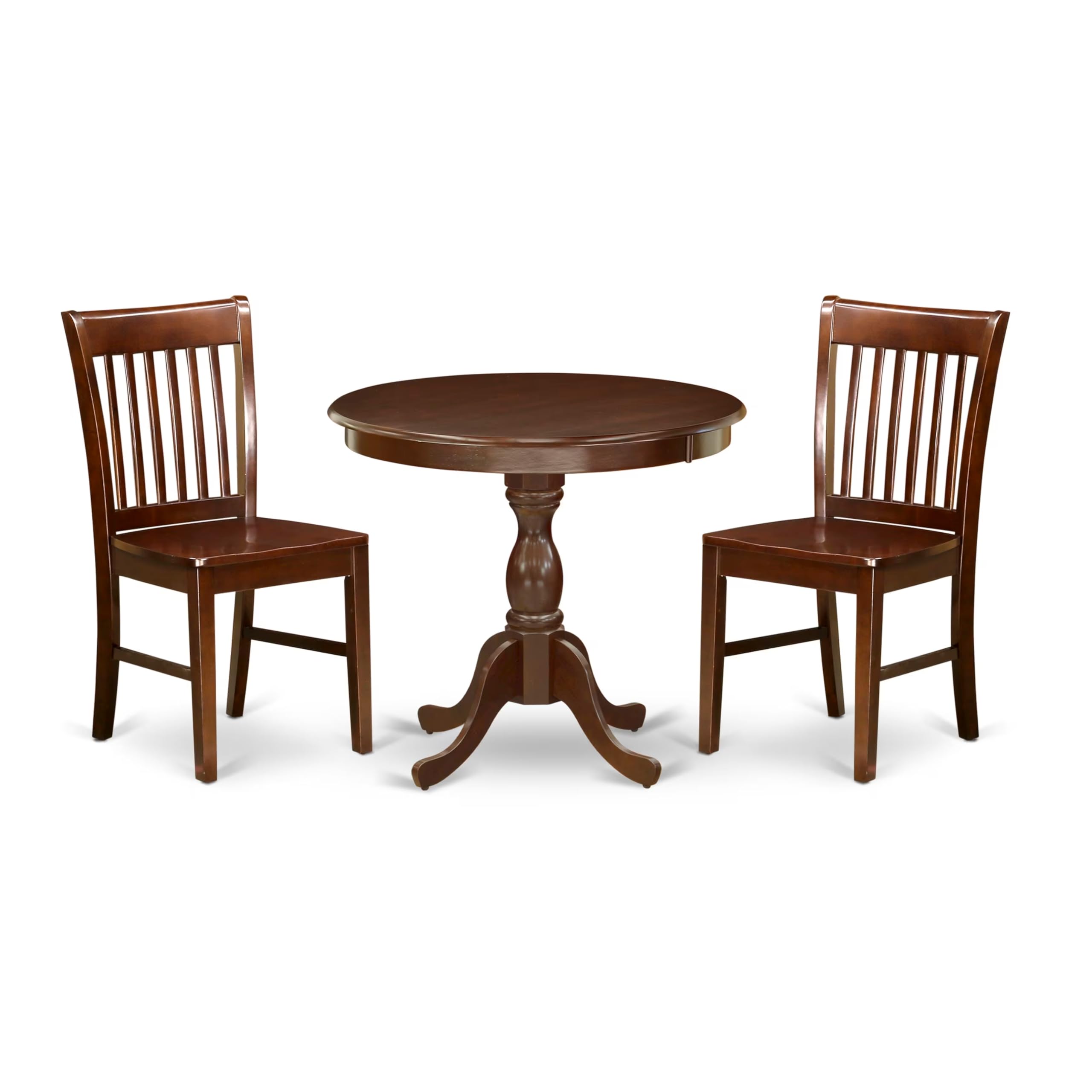 East West Furniture AMNF3-MAH-W 3 Piece Round Dinette Set with Pedestal Table & 2 Chairs for Small Spaces - 36x36 Inch Mahogany Kitchen Dining Set - Perfect for Apartments, Breakfast Nooks & Cozy Dining Areas
